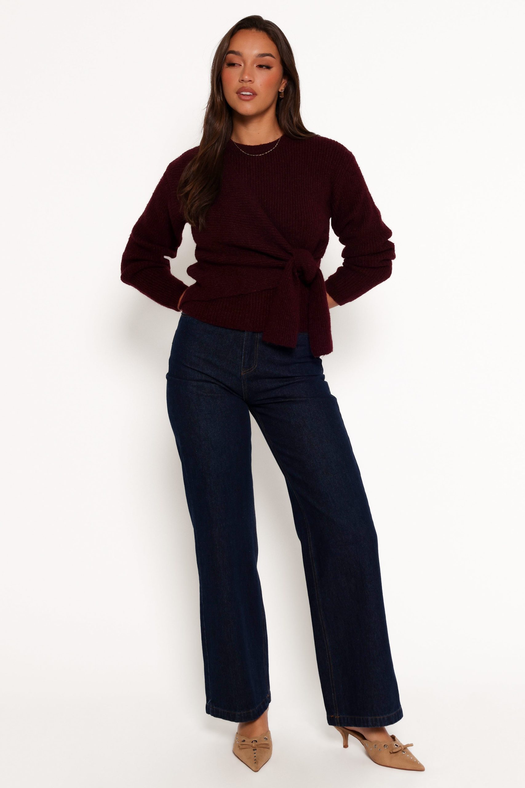 Ettie Wrap Side Tie Knit Sweater - Burgundy - Image 4