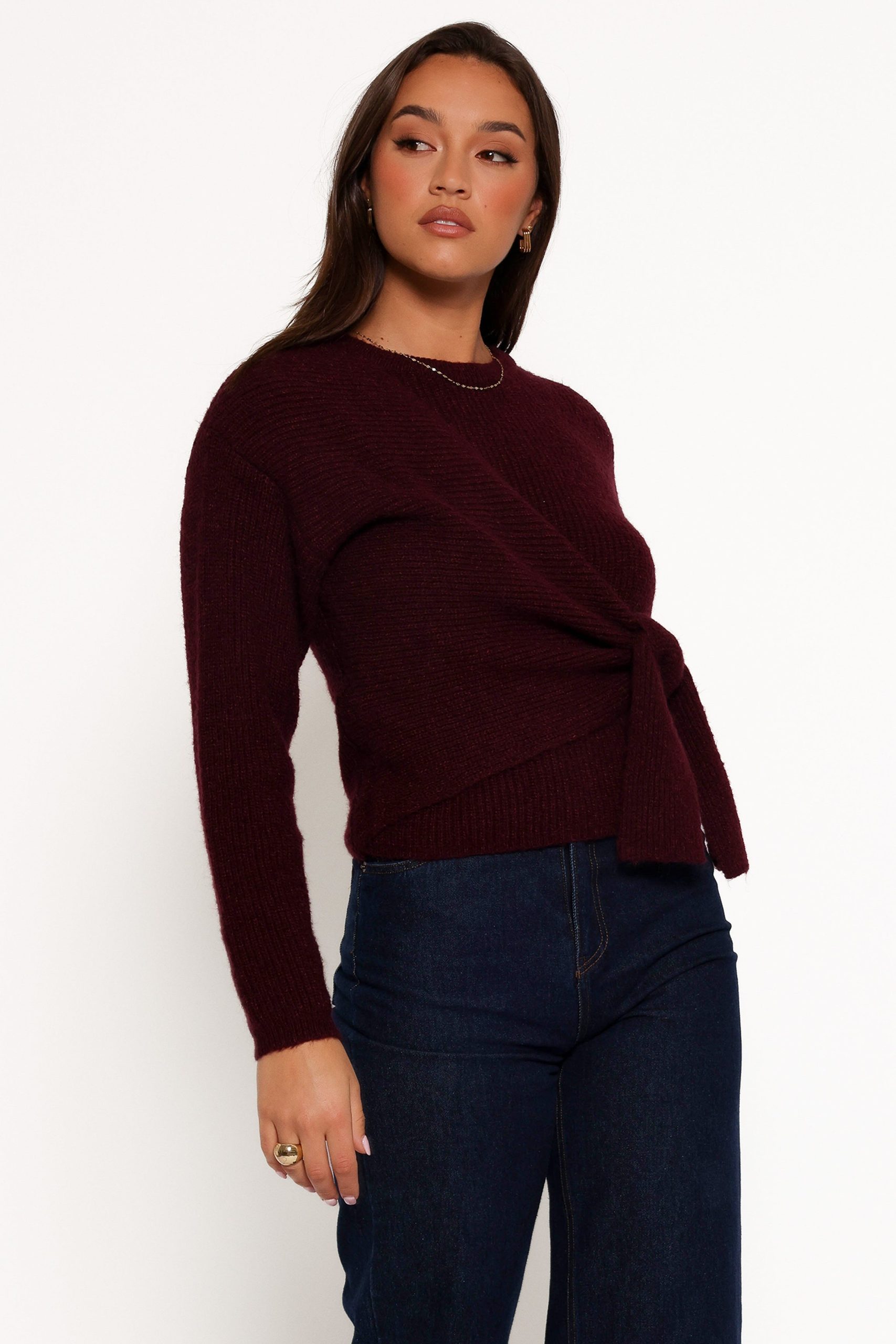 Ettie Wrap Side Tie Knit Sweater - Burgundy - Image 7