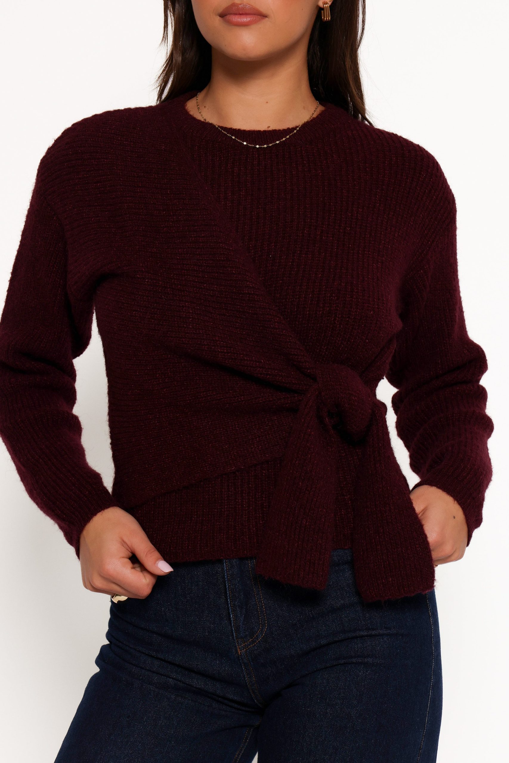Ettie Wrap Side Tie Knit Sweater - Burgundy - Image 8