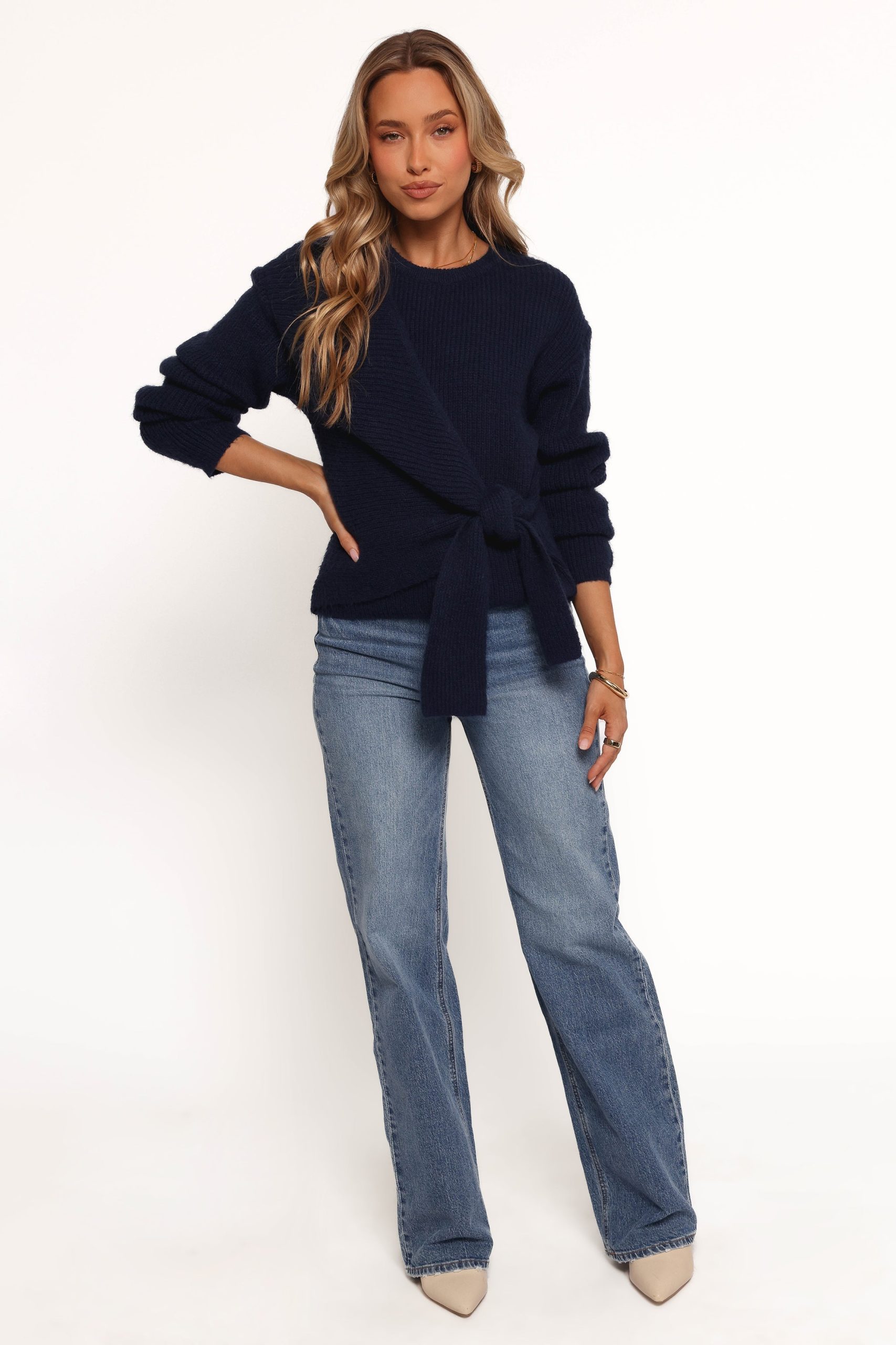 Ettie Wrap Side Tie Knit Sweater - Navy - Image 2