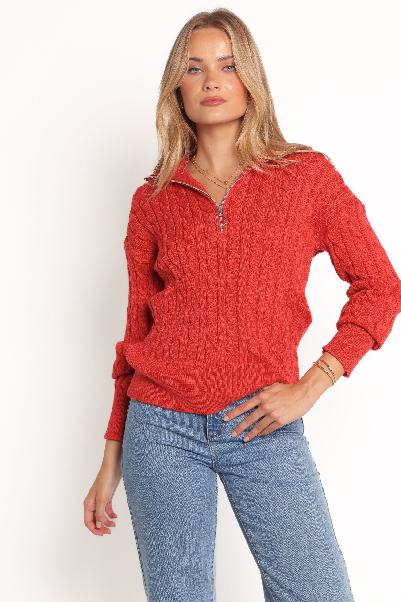 Frida Quarter Zip Knit Sweater - Red - Image 3
