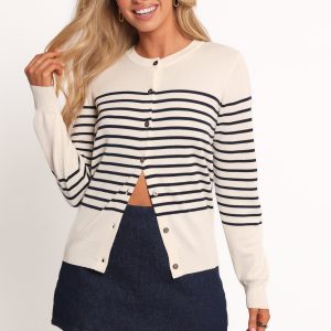 Gavi Button Front Striped Cardigan - Off White/Navy