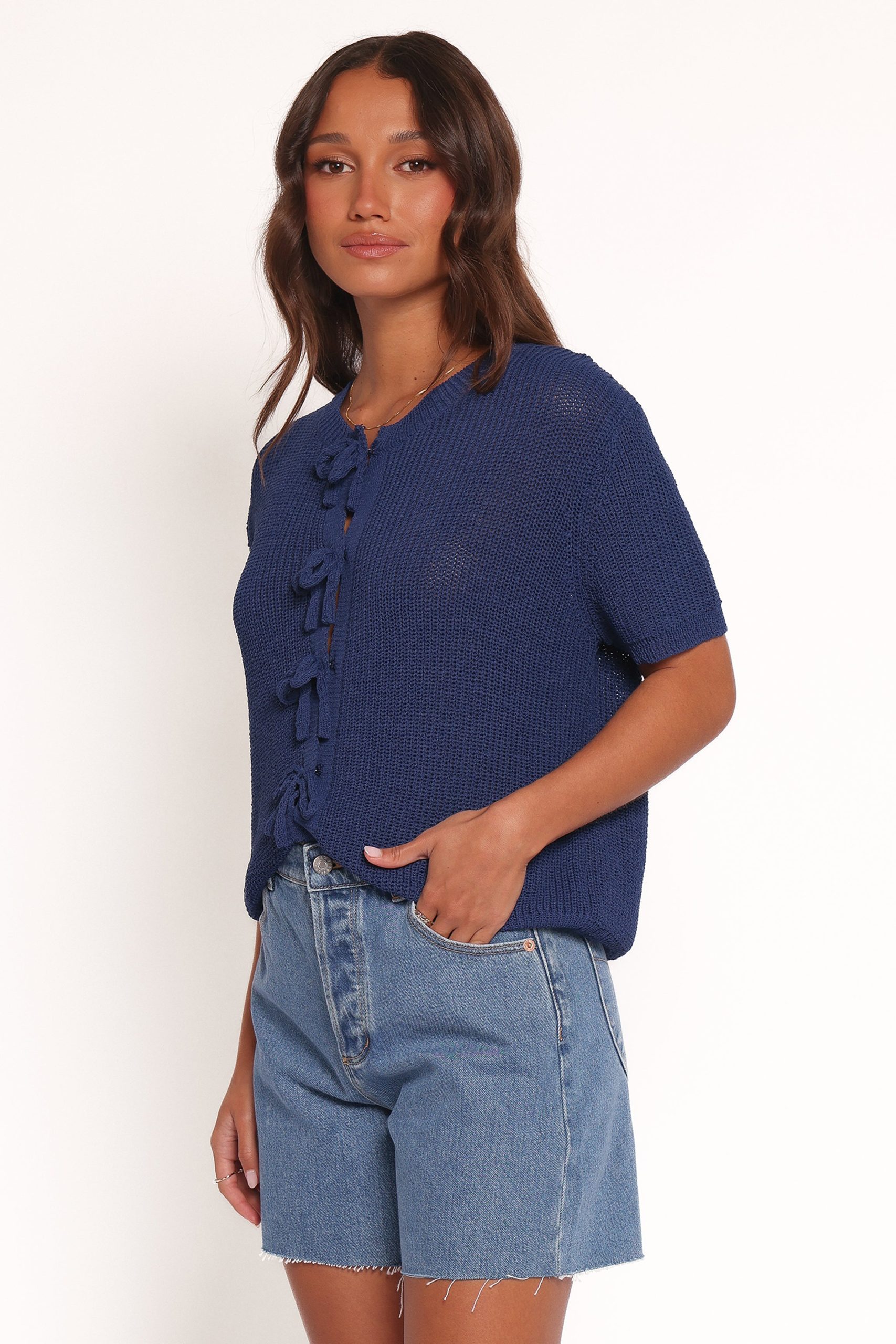 Gemma Short Sleeve Bow Cardigan - Navy - Image 4