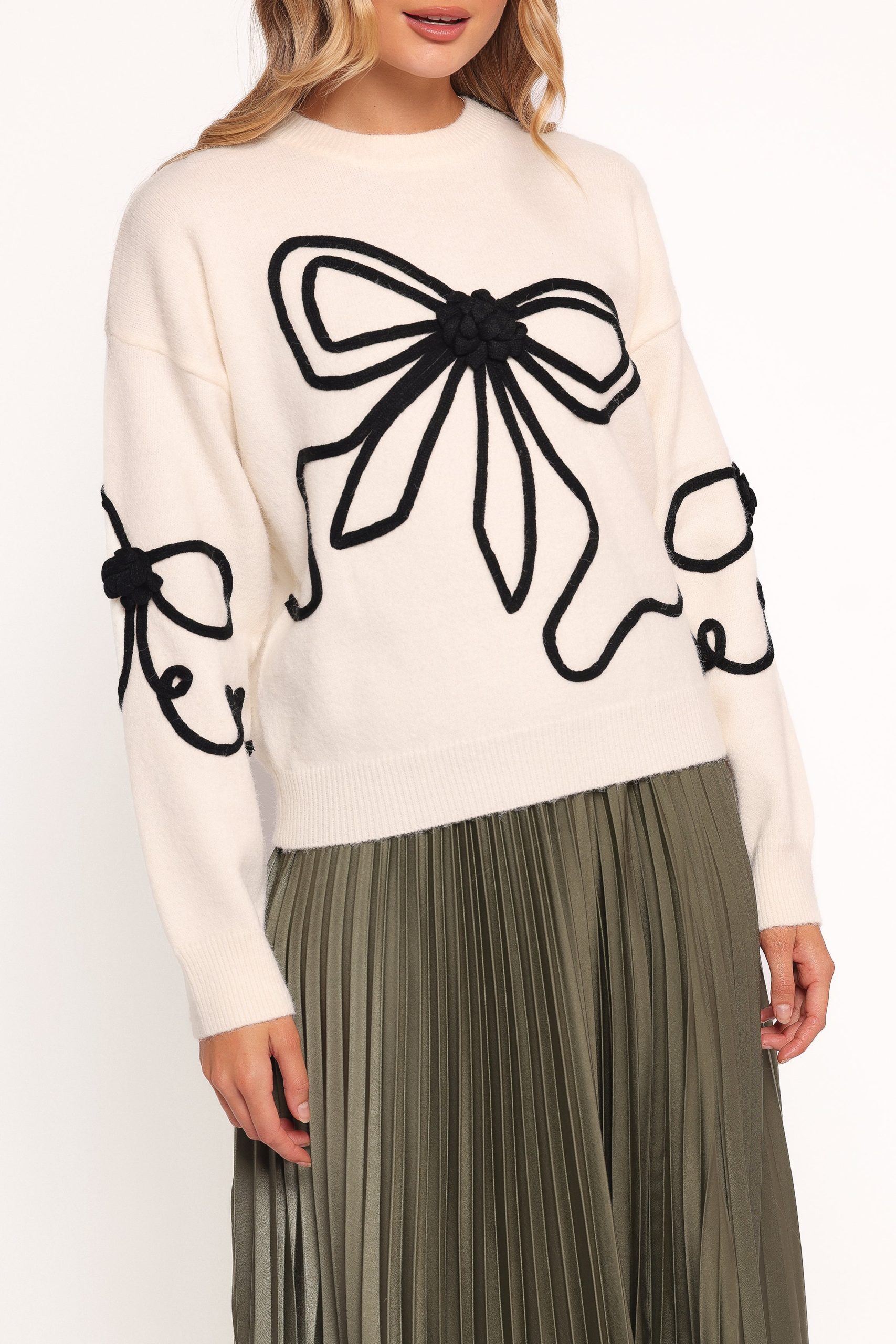 Isiora Bow Embroidered Knit Sweater - Cream - Image 2