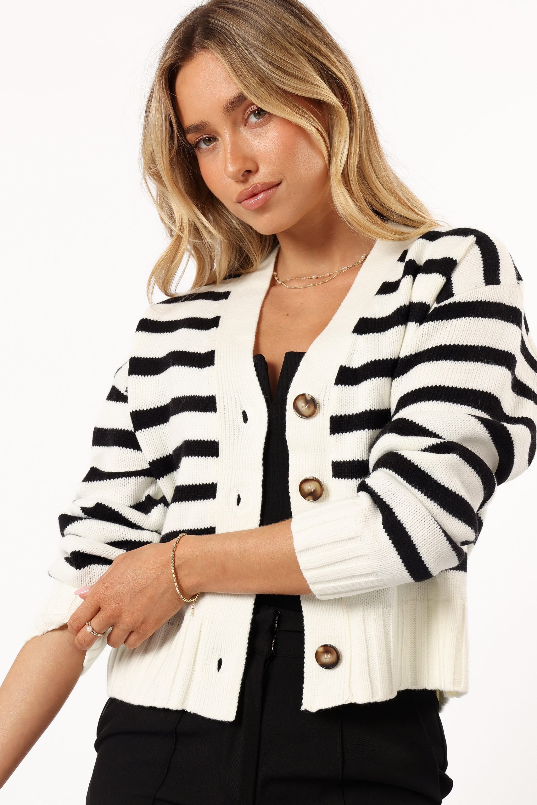 Kallen Button Front Striped Cardigan - Cream/Black - Image 3