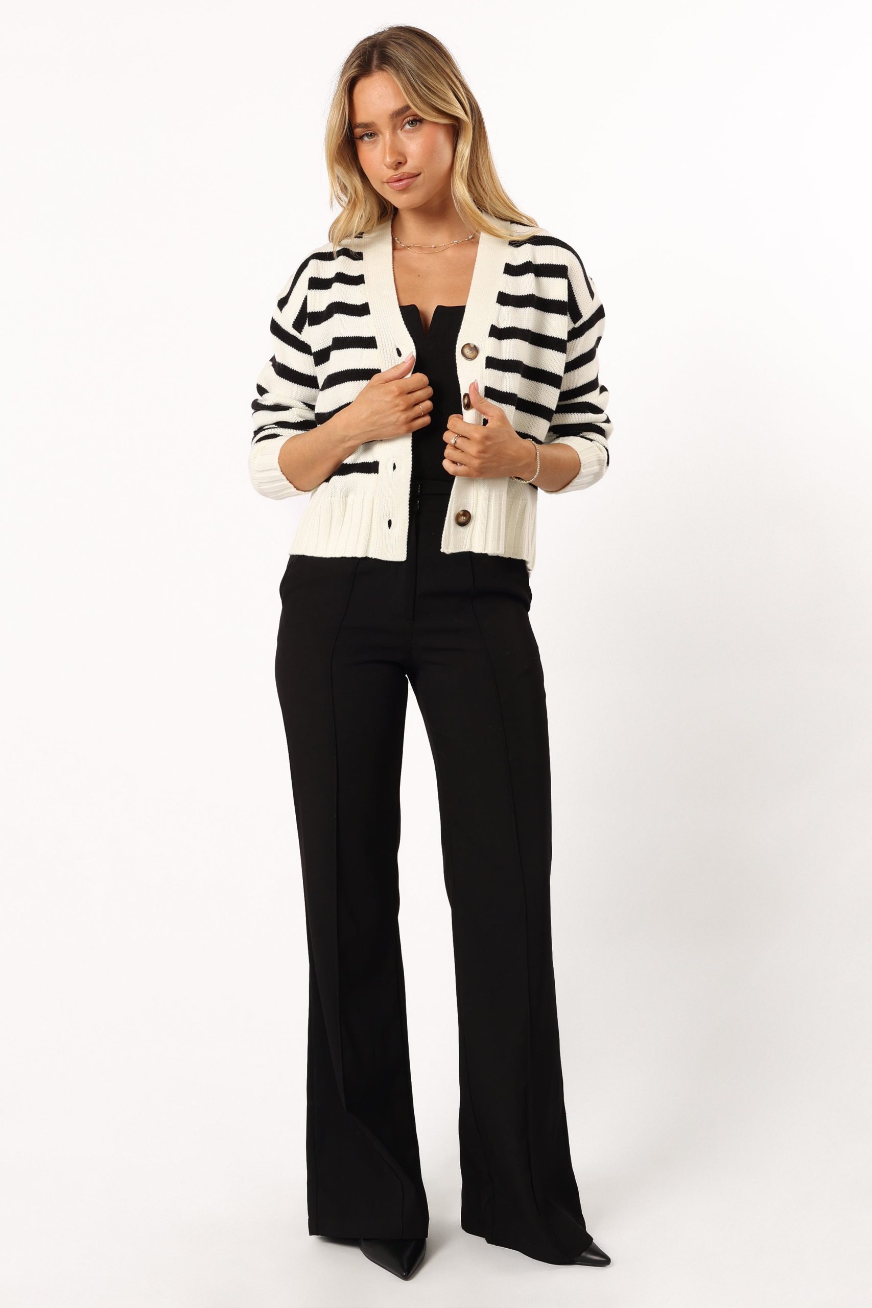 Kallen Button Front Striped Cardigan - Cream/Black - Image 8