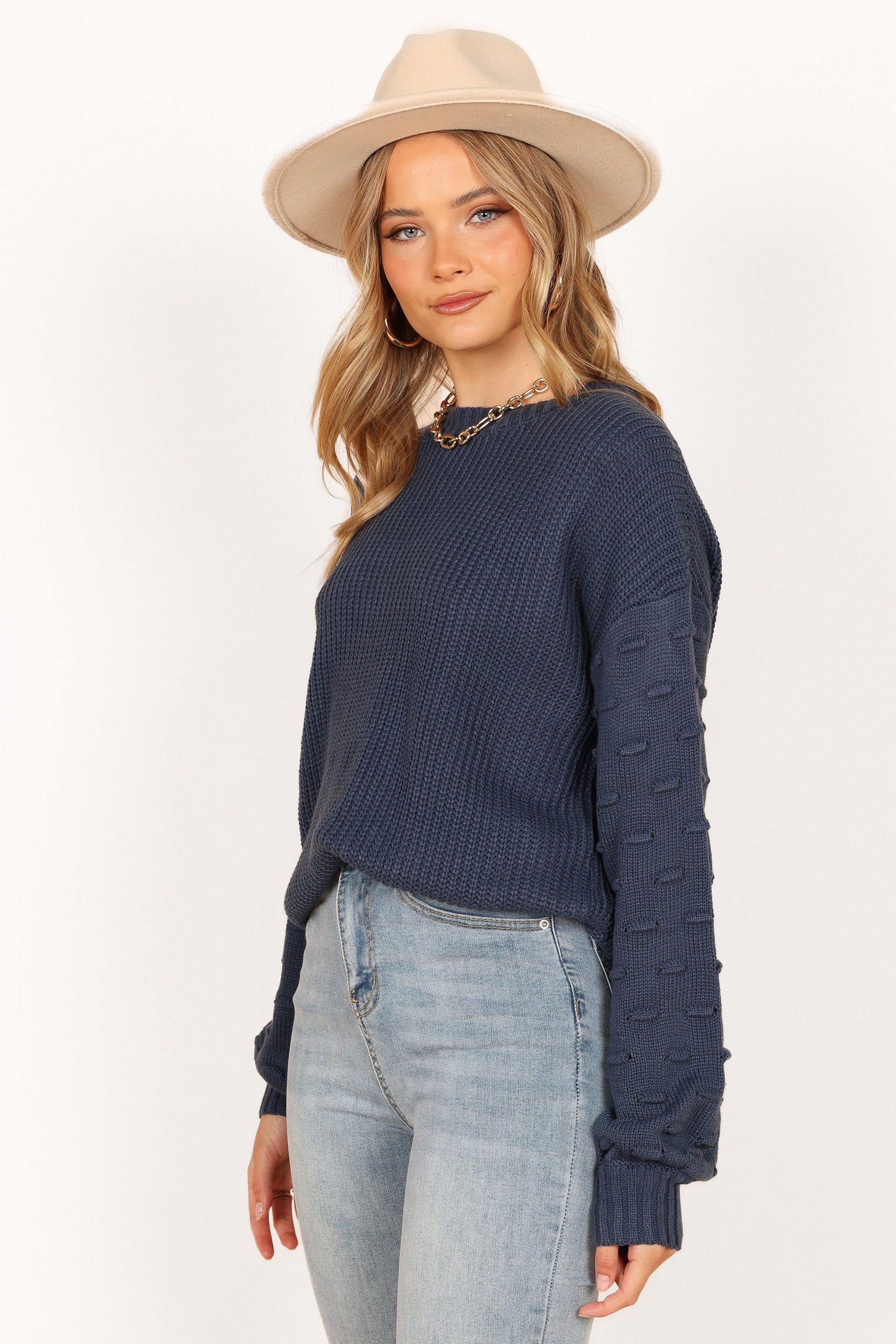 Katrina Textured Sleeve Crewneck Knit Sweater - Midnight Blue - Image 4