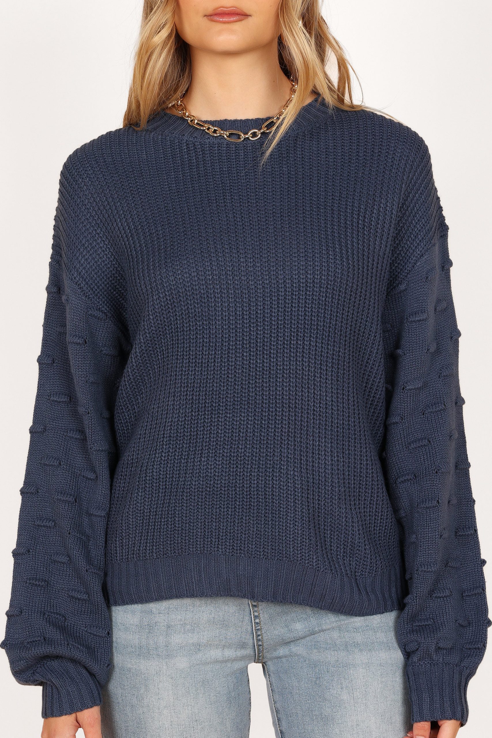 Katrina Textured Sleeve Crewneck Knit Sweater - Midnight Blue - Image 6