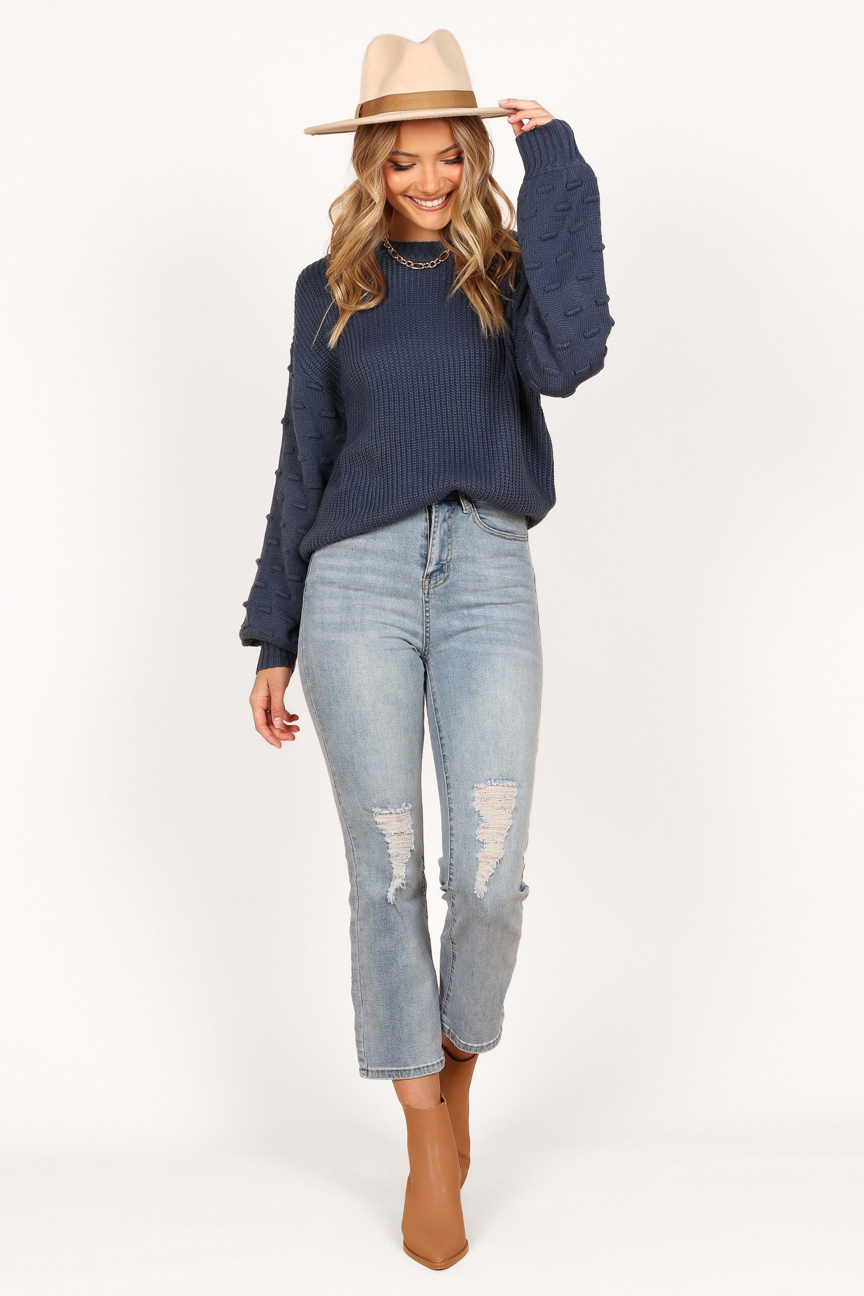 Katrina Textured Sleeve Crewneck Knit Sweater - Midnight Blue - Image 5