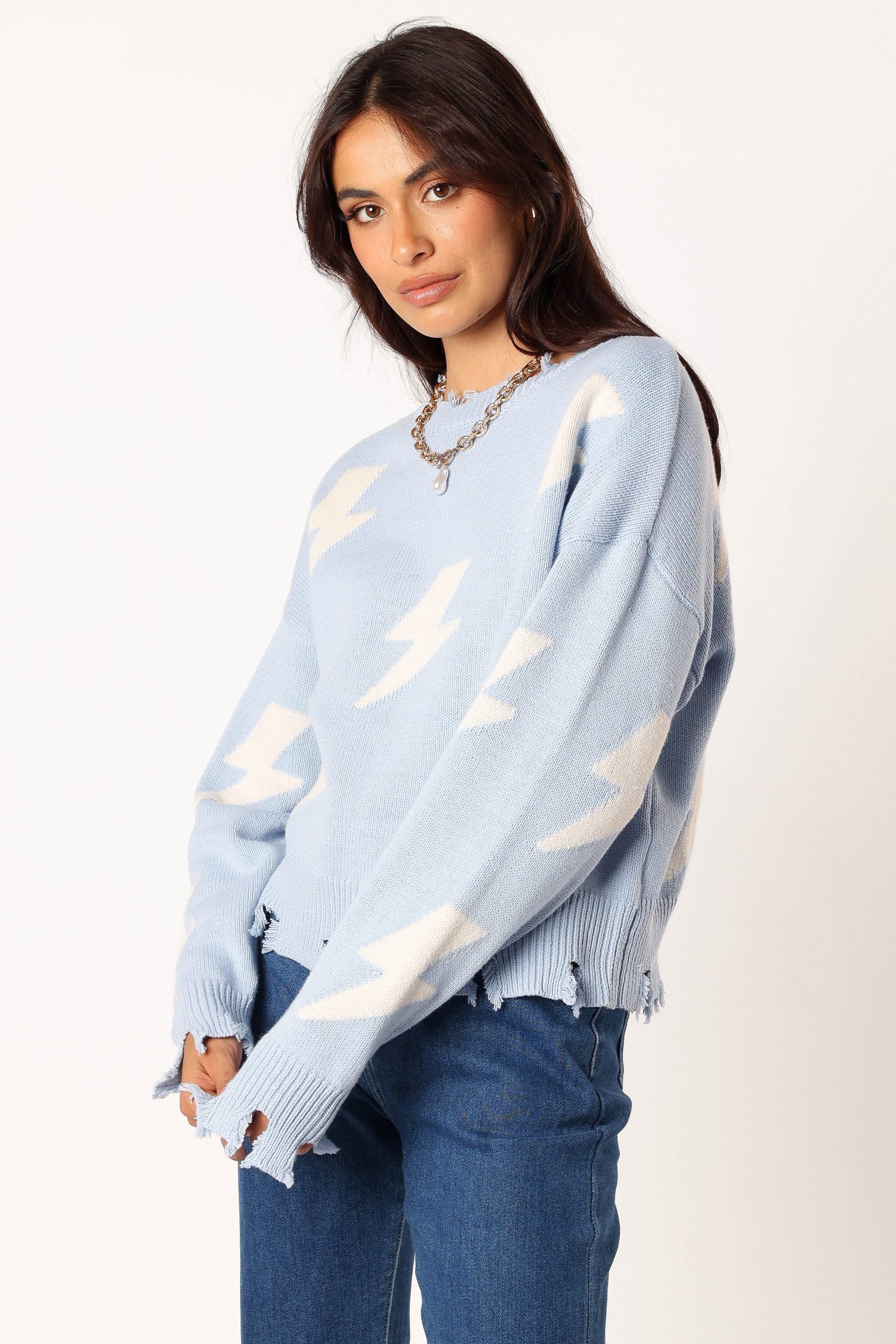 Lightning Bolt Printed Fray Detail Knit Sweater - Light Blue - Image 2