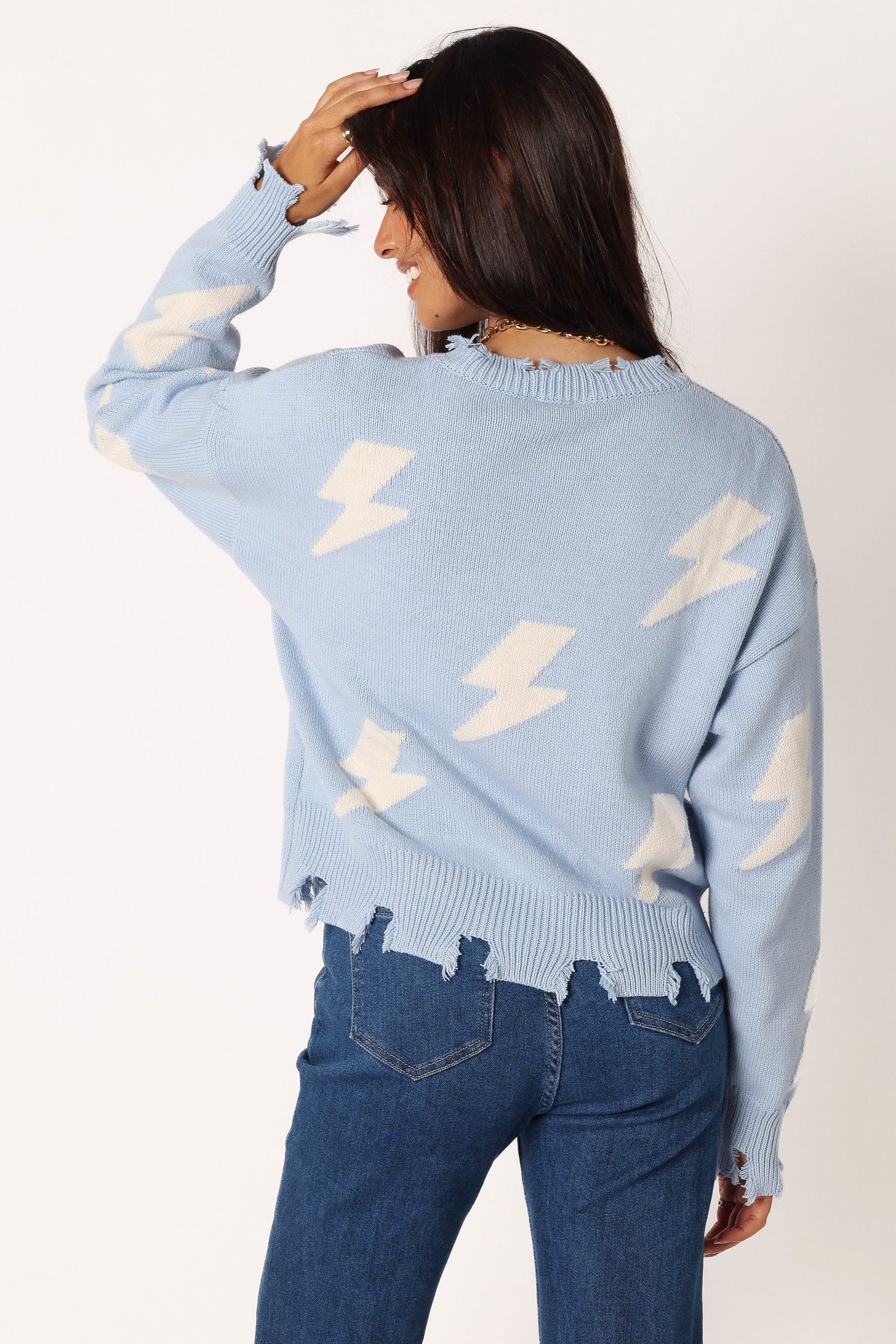 Lightning Bolt Printed Fray Detail Knit Sweater - Light Blue - Image 4