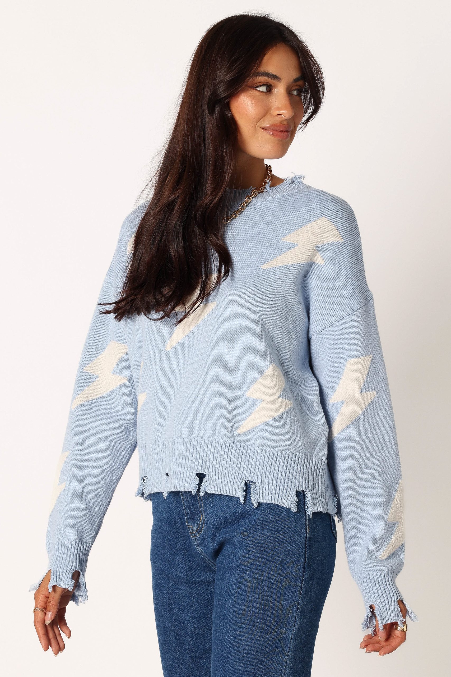 Lightning Bolt Printed Fray Detail Knit Sweater - Light Blue - Image 3