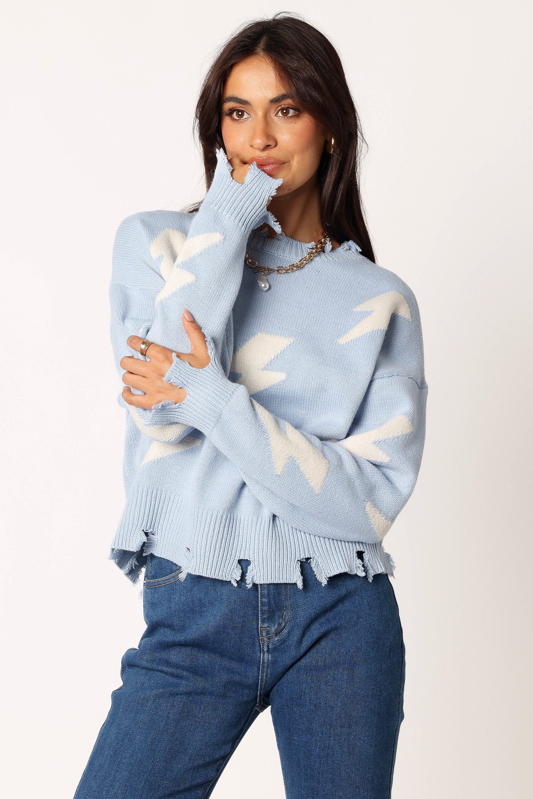 Lightning Bolt Printed Fray Detail Knit Sweater - Light Blue - Image 6