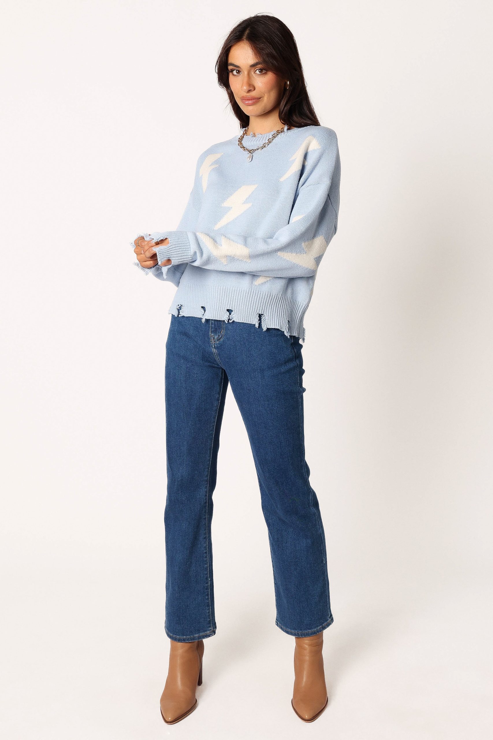 Lightning Bolt Printed Fray Detail Knit Sweater - Light Blue - Image 5