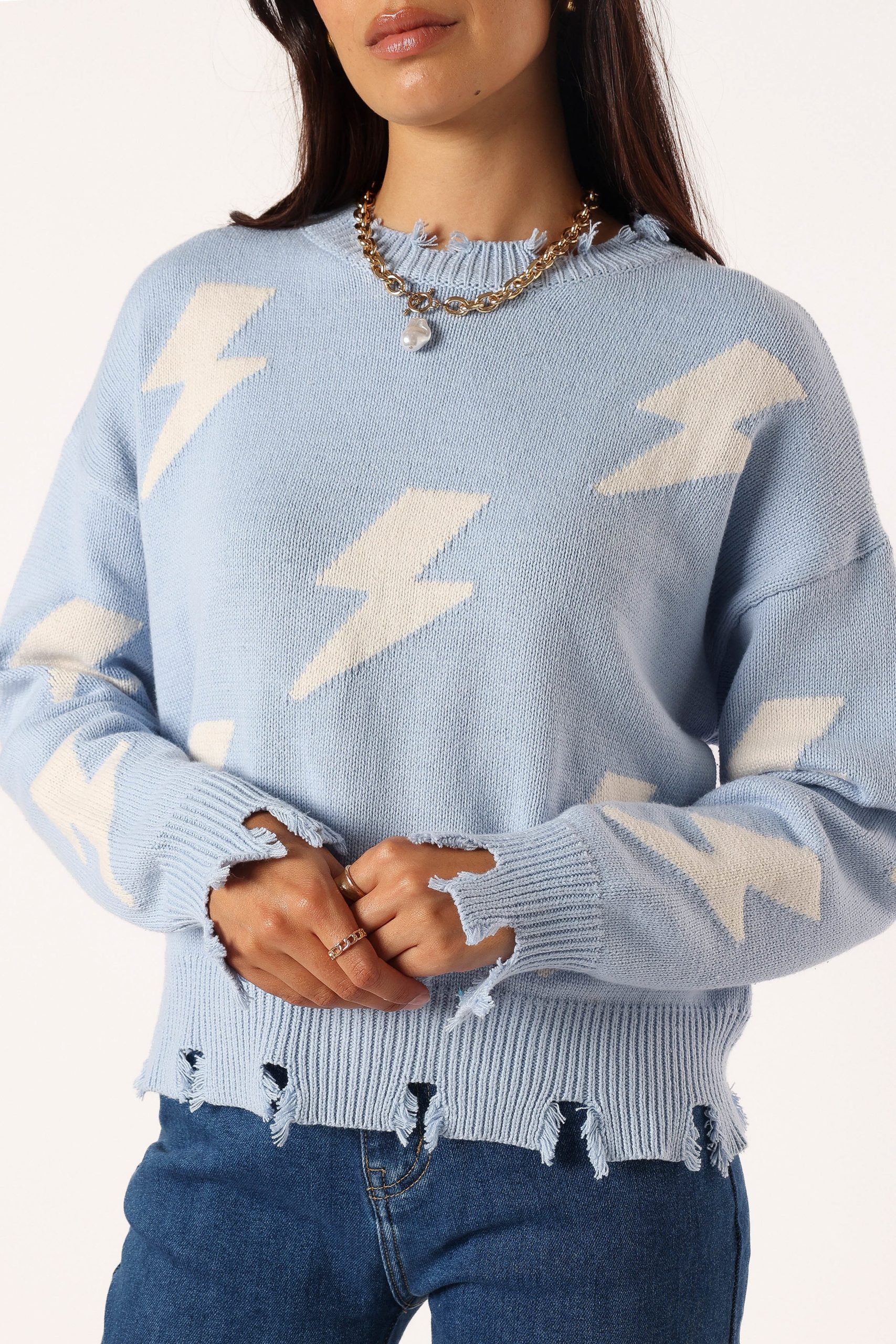 Lightning Bolt Printed Fray Detail Knit Sweater - Light Blue - Image 7