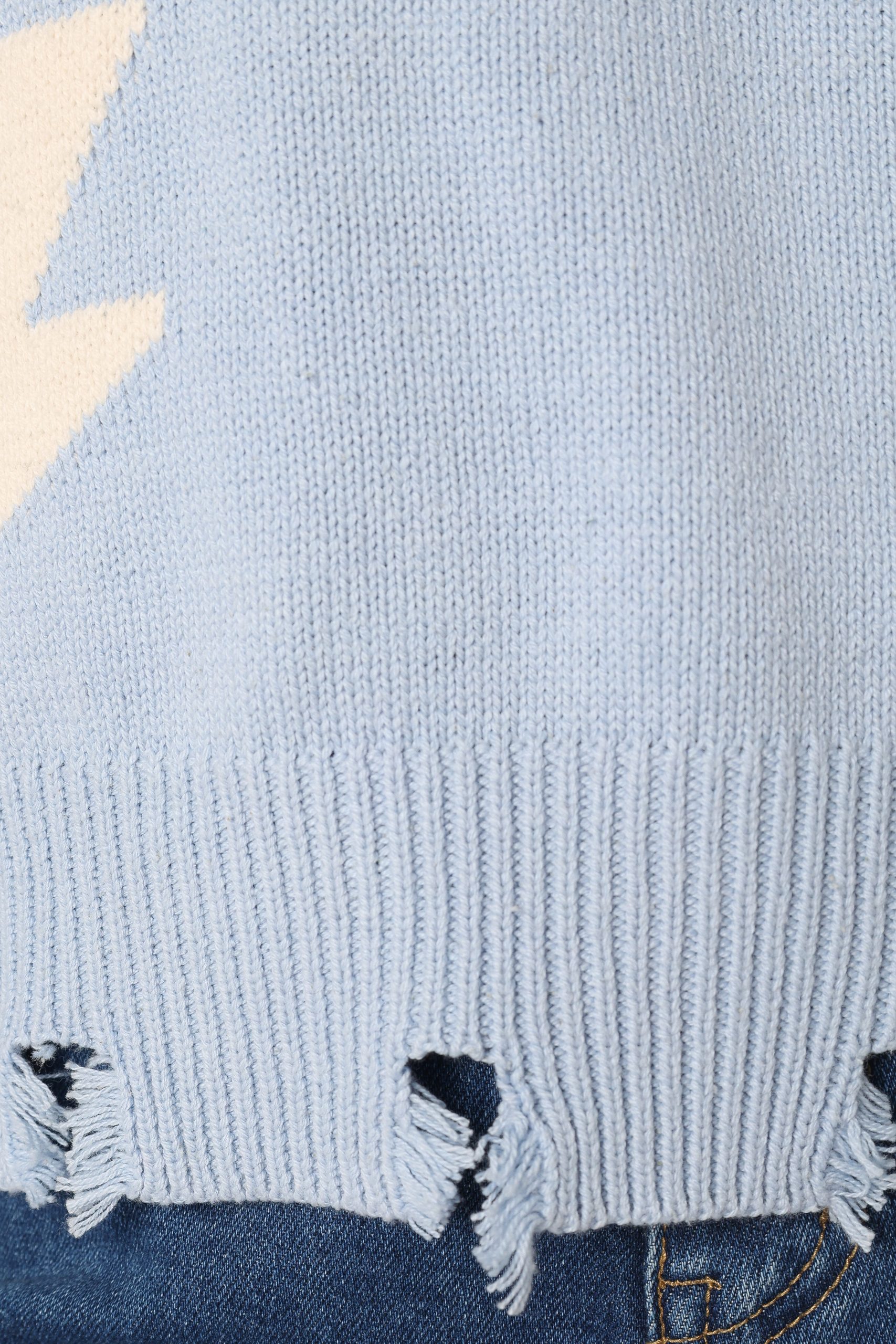 Lightning Bolt Printed Fray Detail Knit Sweater - Light Blue - Image 8