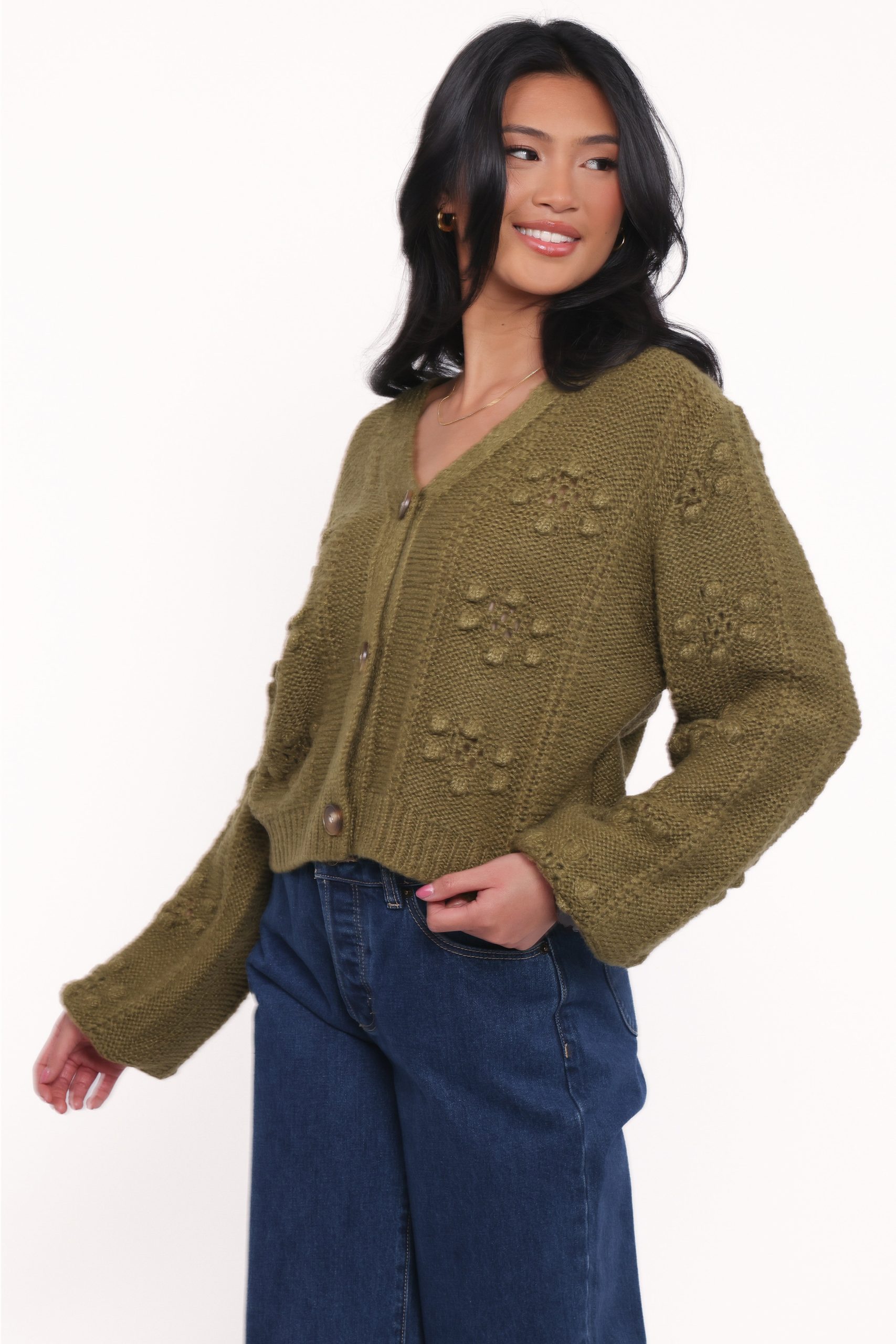 Melody Textured Button Up Cardigan - Olive - Image 3