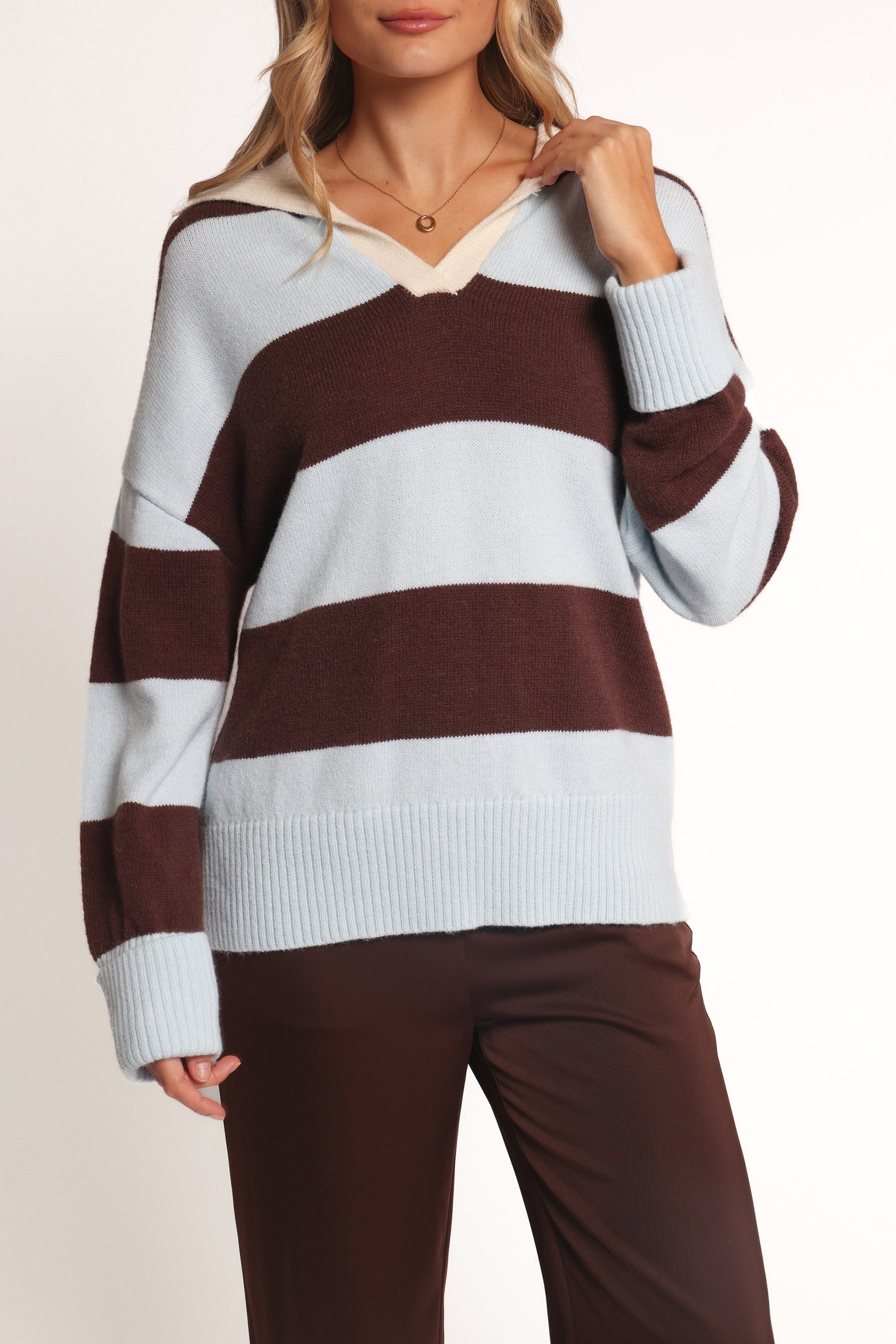 Mikaela Rugby Stripe Knit Sweater - Brown/Blue Stripe - Image 2