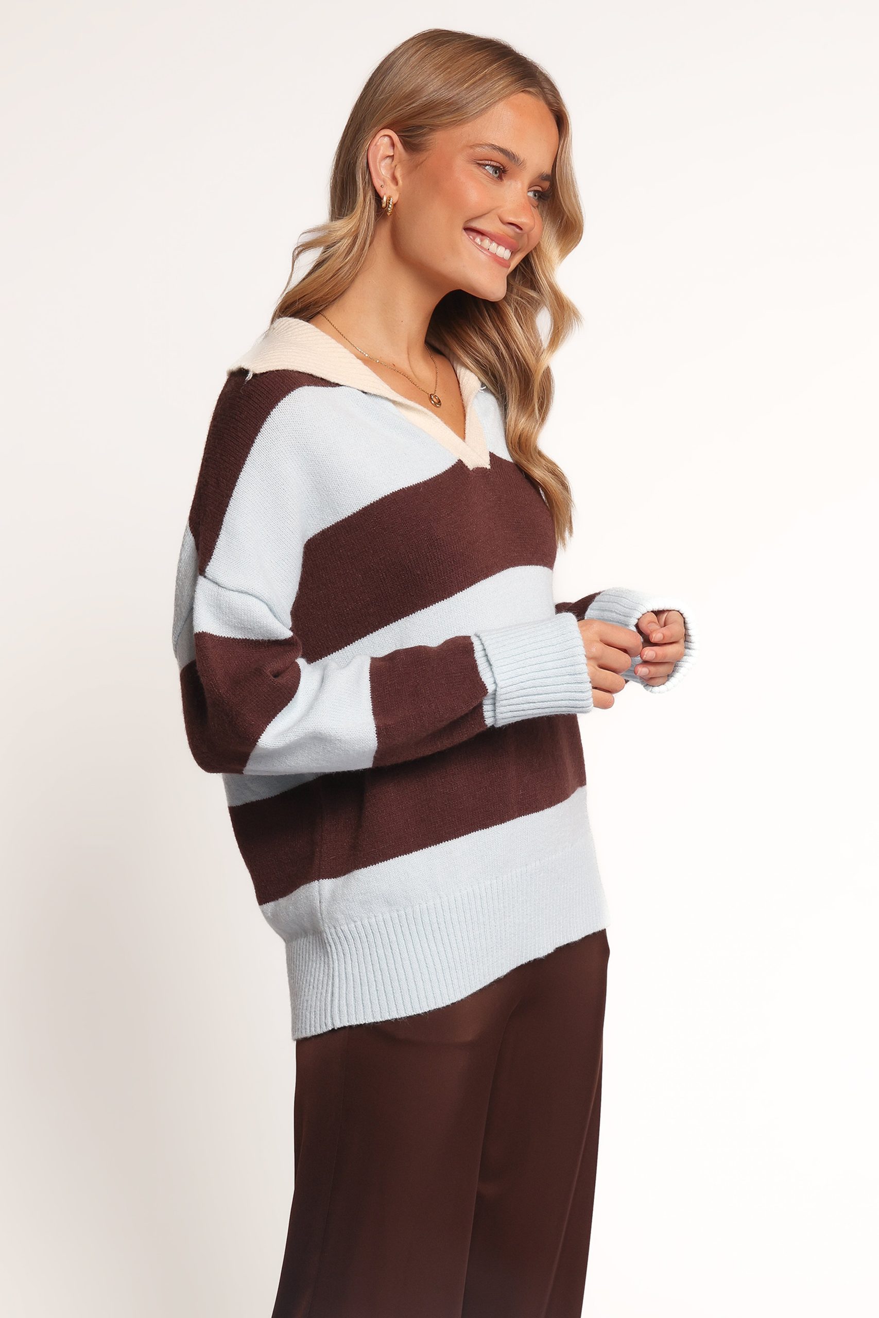 Mikaela Rugby Stripe Knit Sweater - Brown/Blue Stripe - Image 3