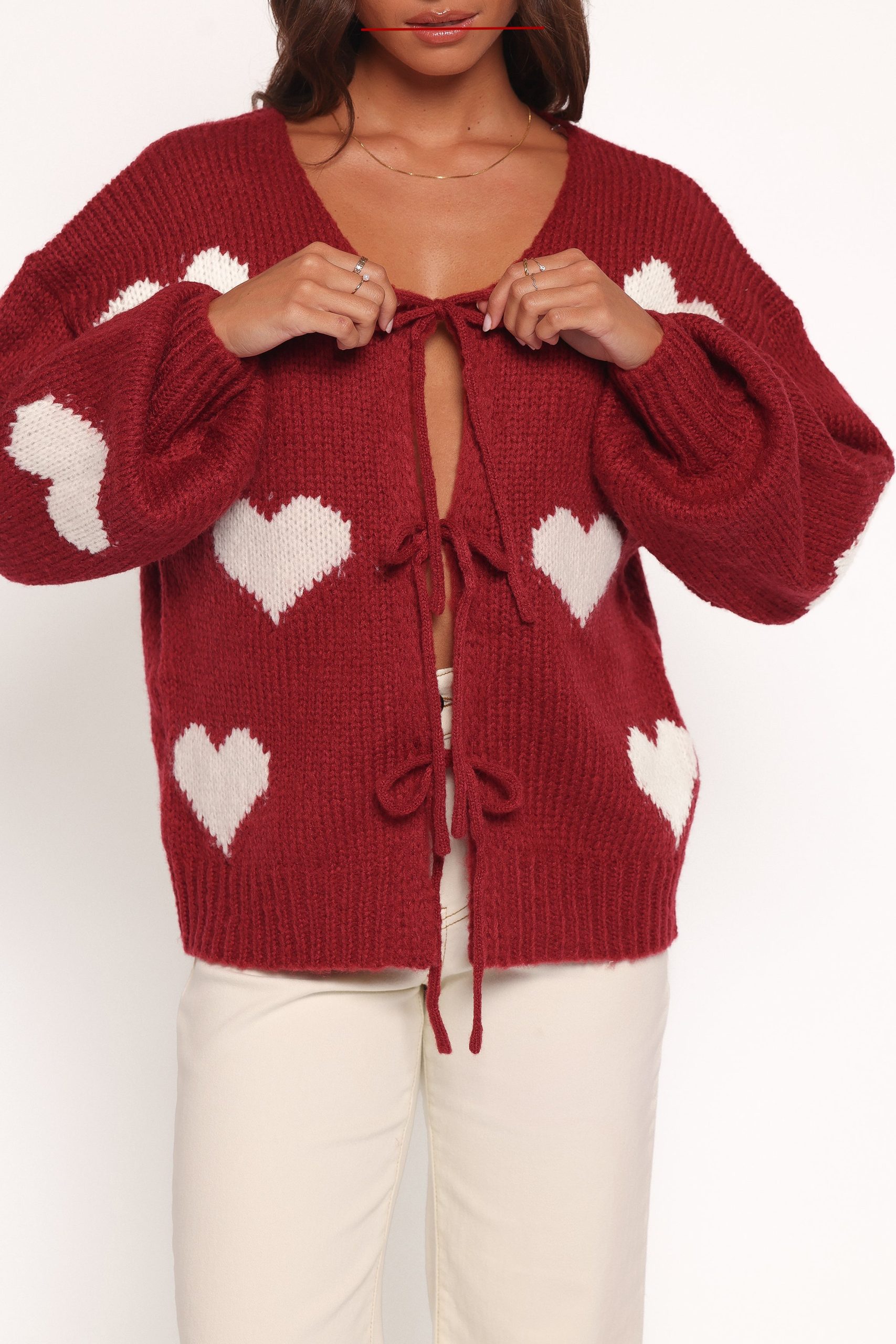 Nadine All Over Heart Tie Front Cardigan - Wine - Image 2