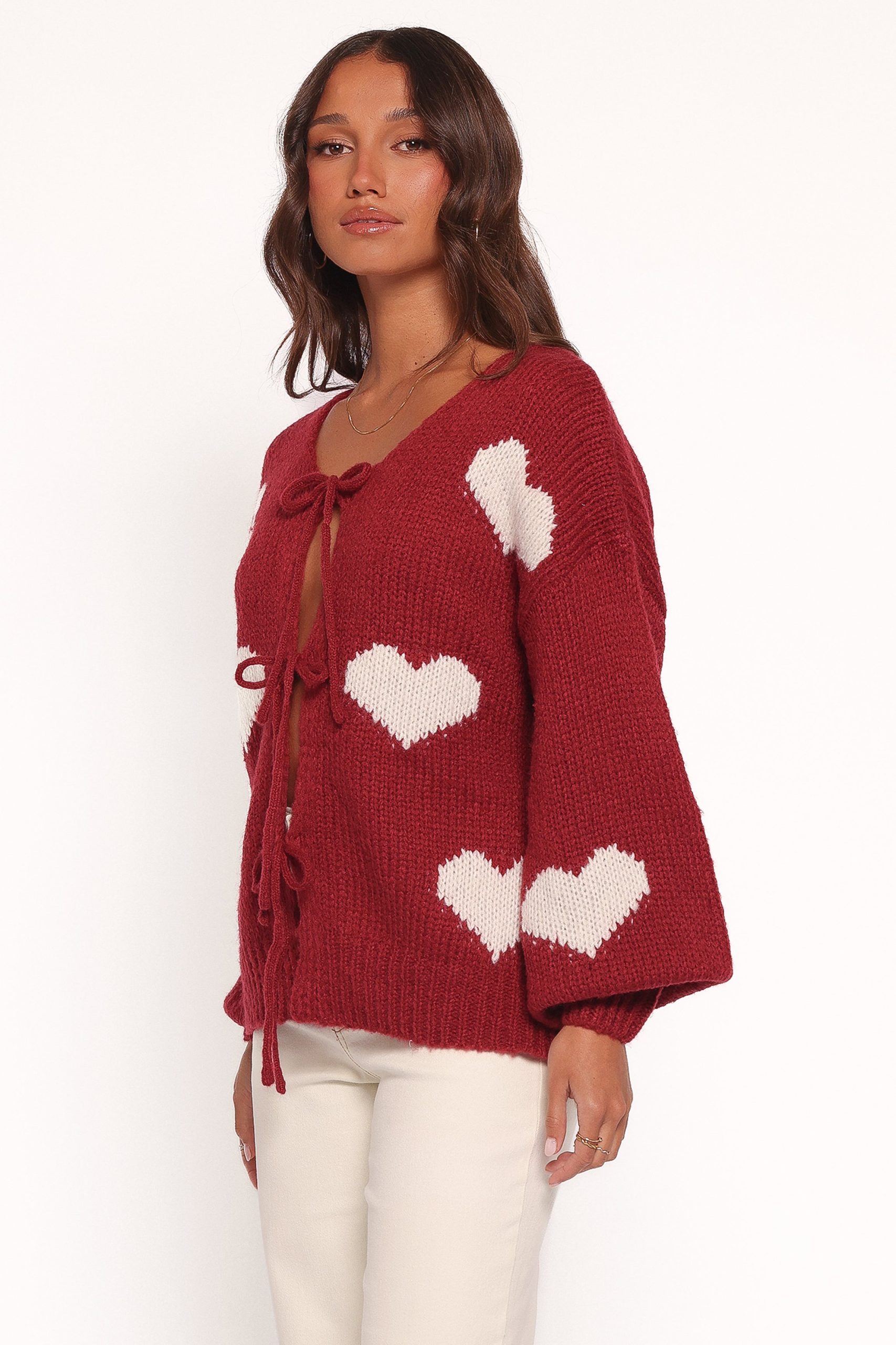 Nadine All Over Heart Tie Front Cardigan - Wine - Image 3