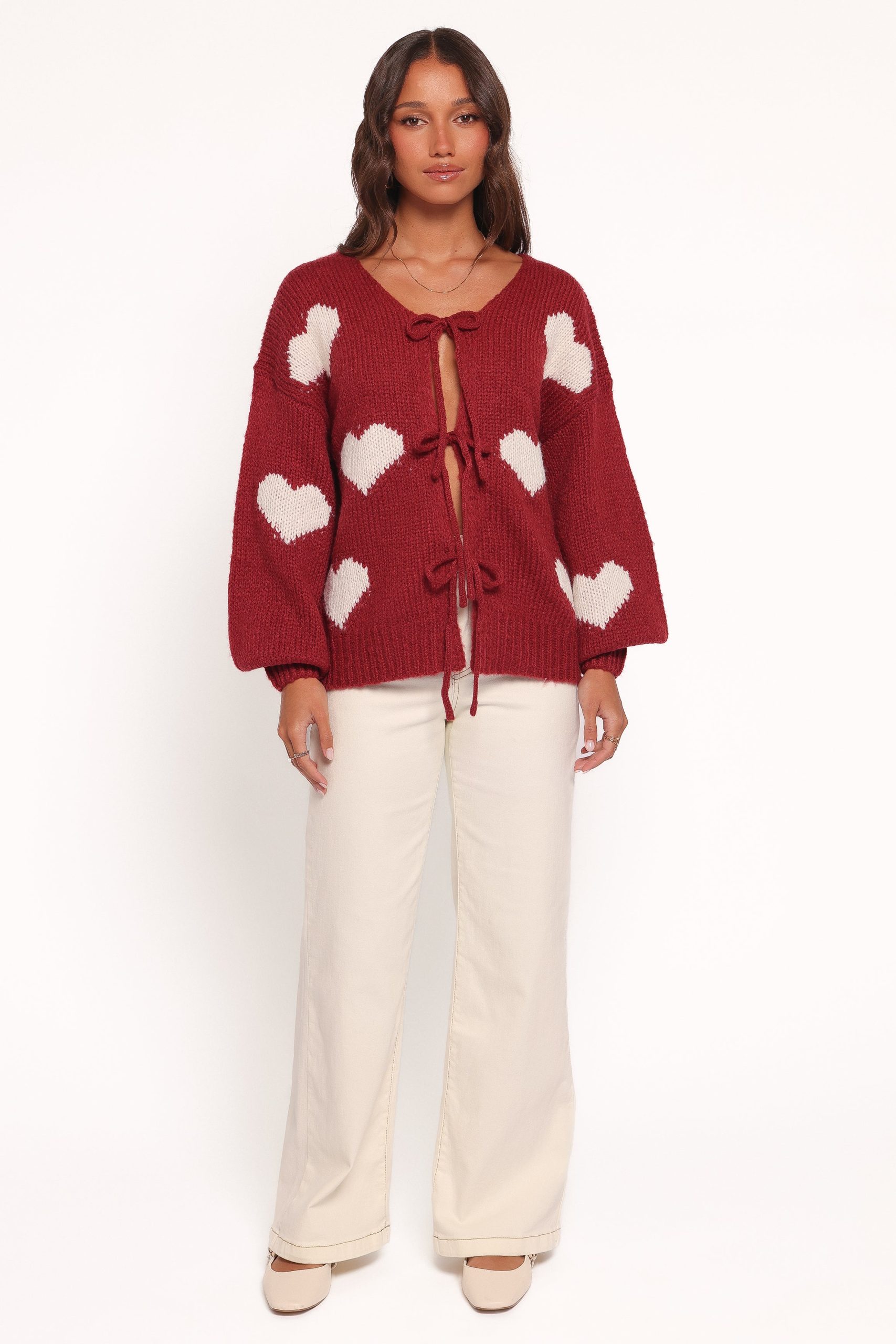 Nadine All Over Heart Tie Front Cardigan - Wine - Image 5
