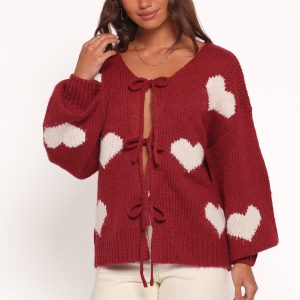 Nadine All Over Heart Tie Front Cardigan - Wine