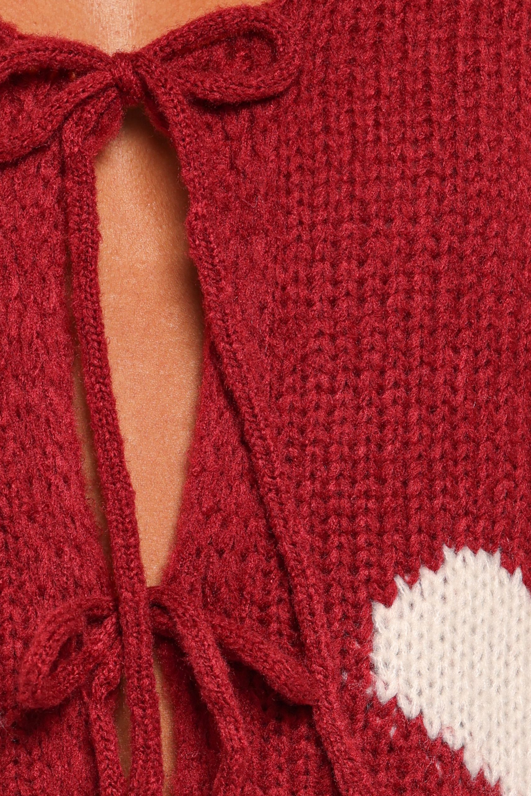 Nadine All Over Heart Tie Front Cardigan - Wine - Image 6