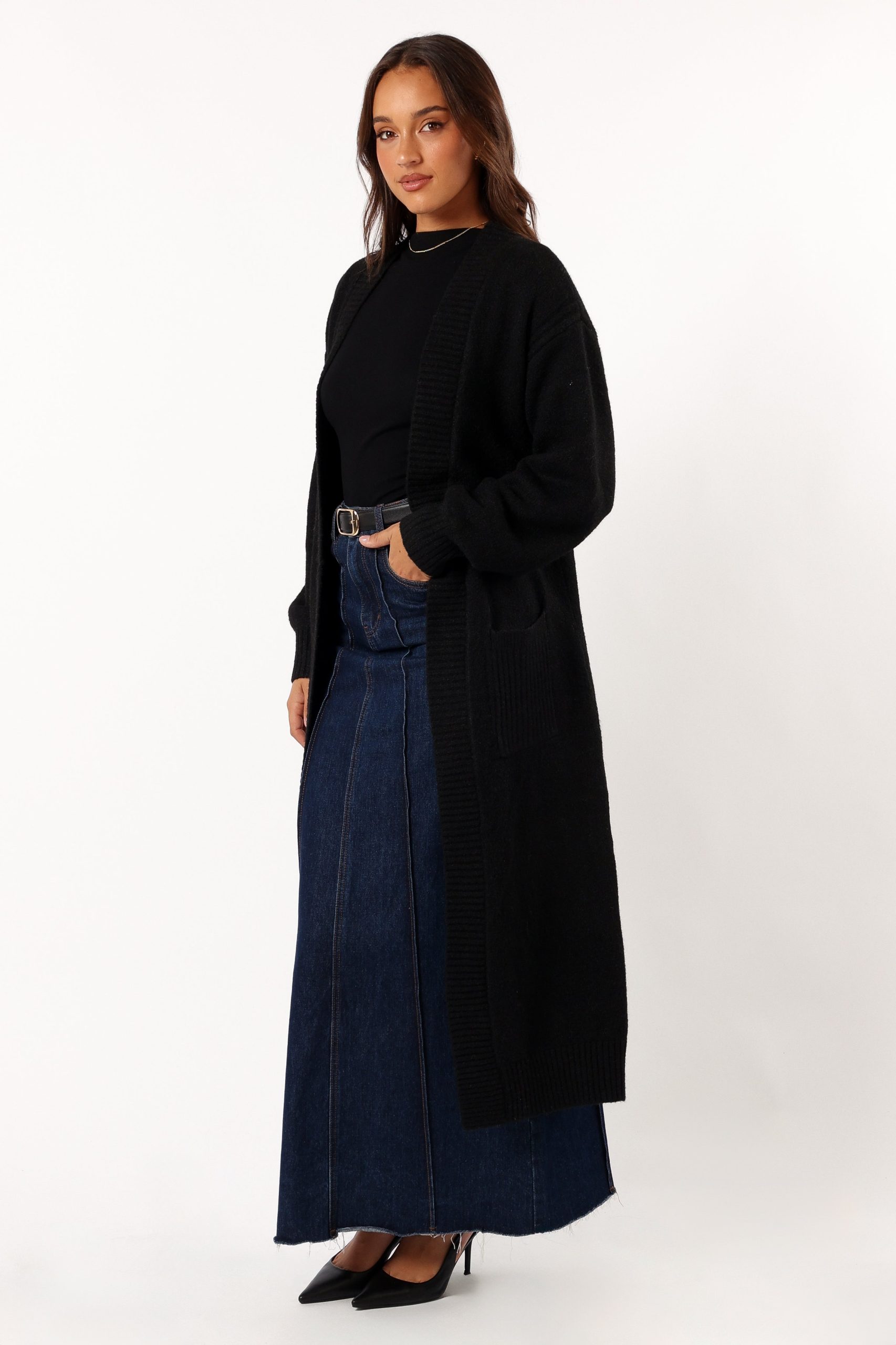 Nicolette Open Front Long Cardigan - Black - Image 3