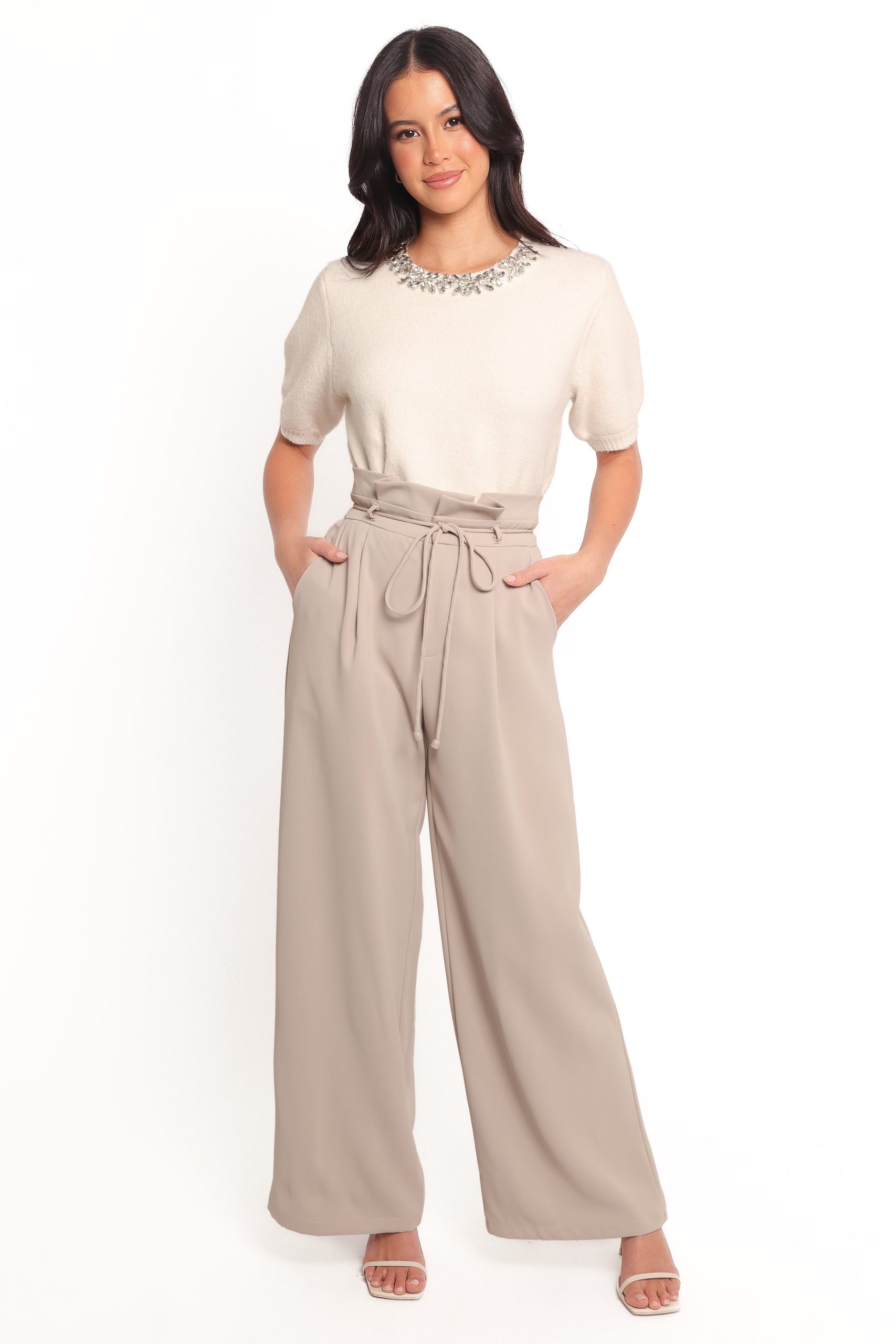 Orlana Embellished Neck Short Sleeve Sweater - Cream - Image 2