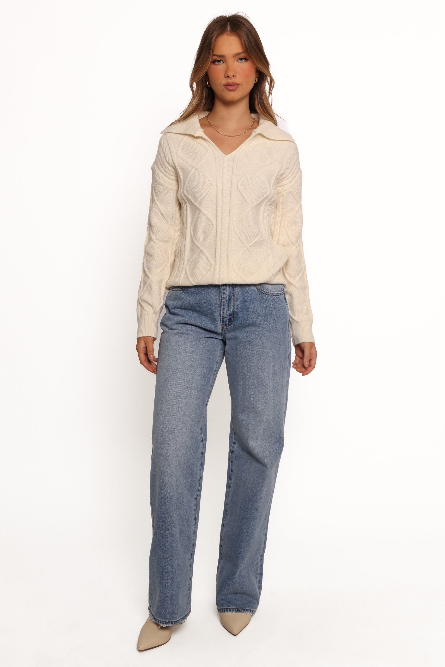 Robbie Collar Neck Cable Knit Sweater - Cream - Image 3