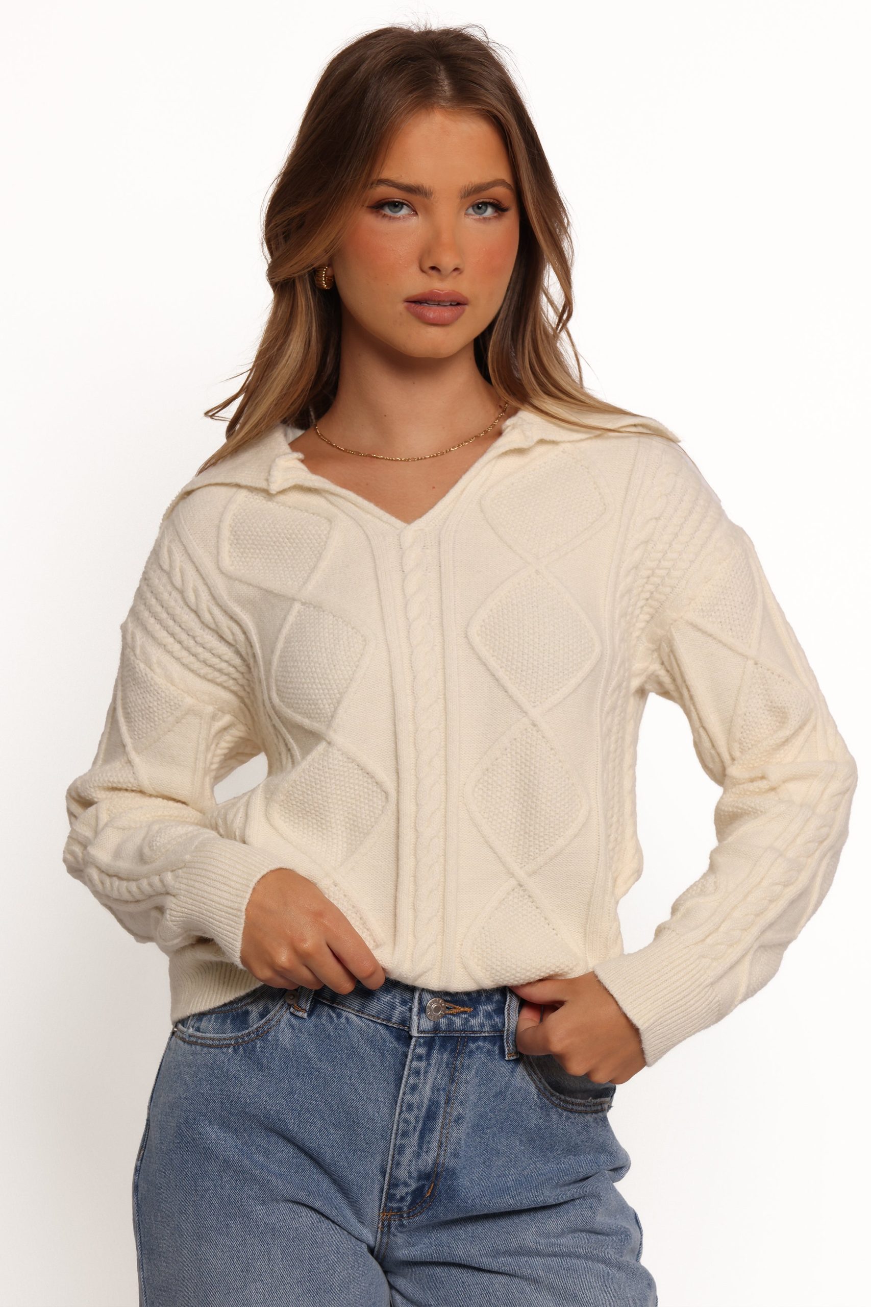 Robbie Collar Neck Cable Knit Sweater - Cream - Image 4