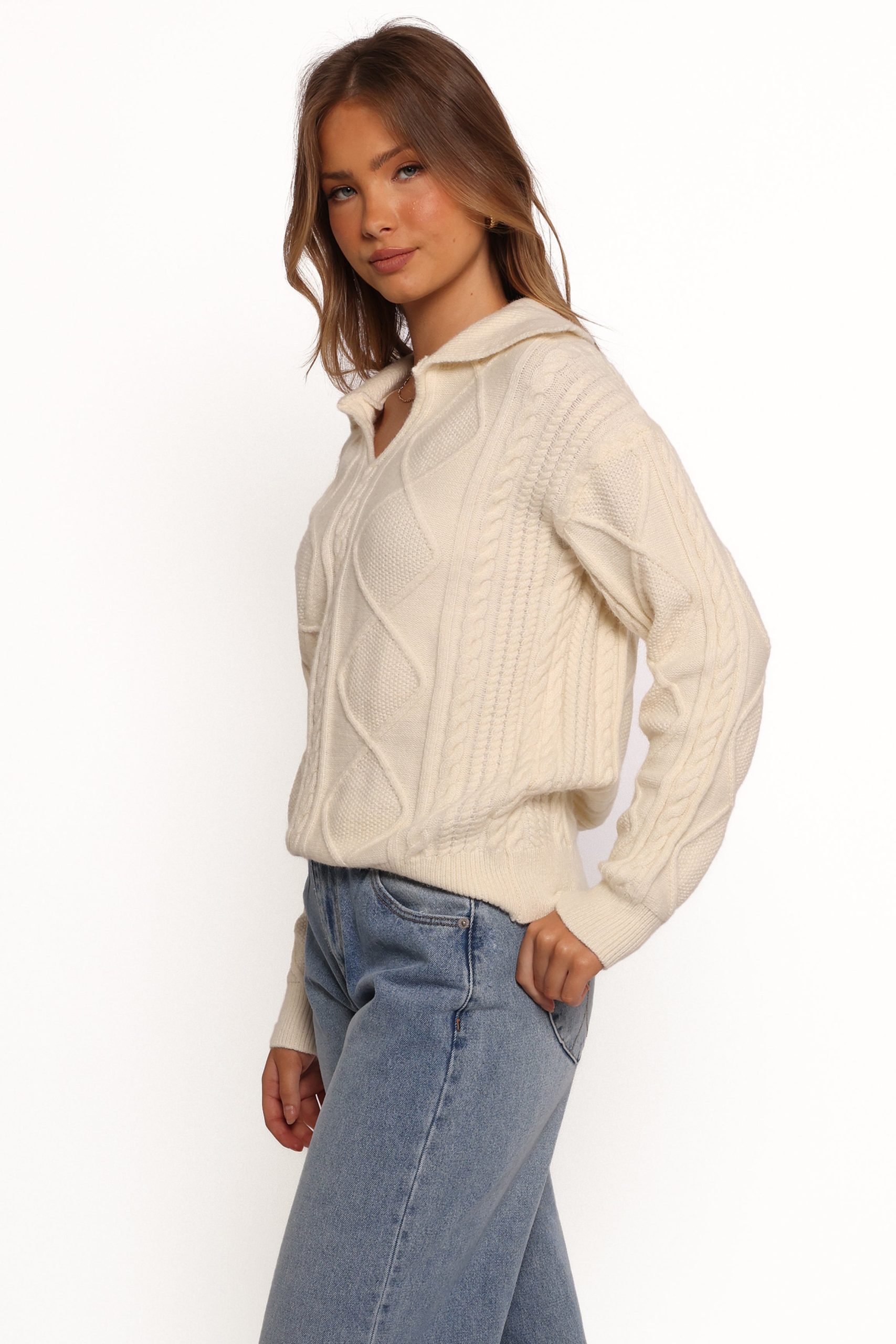 Robbie Collar Neck Cable Knit Sweater - Cream - Image 5