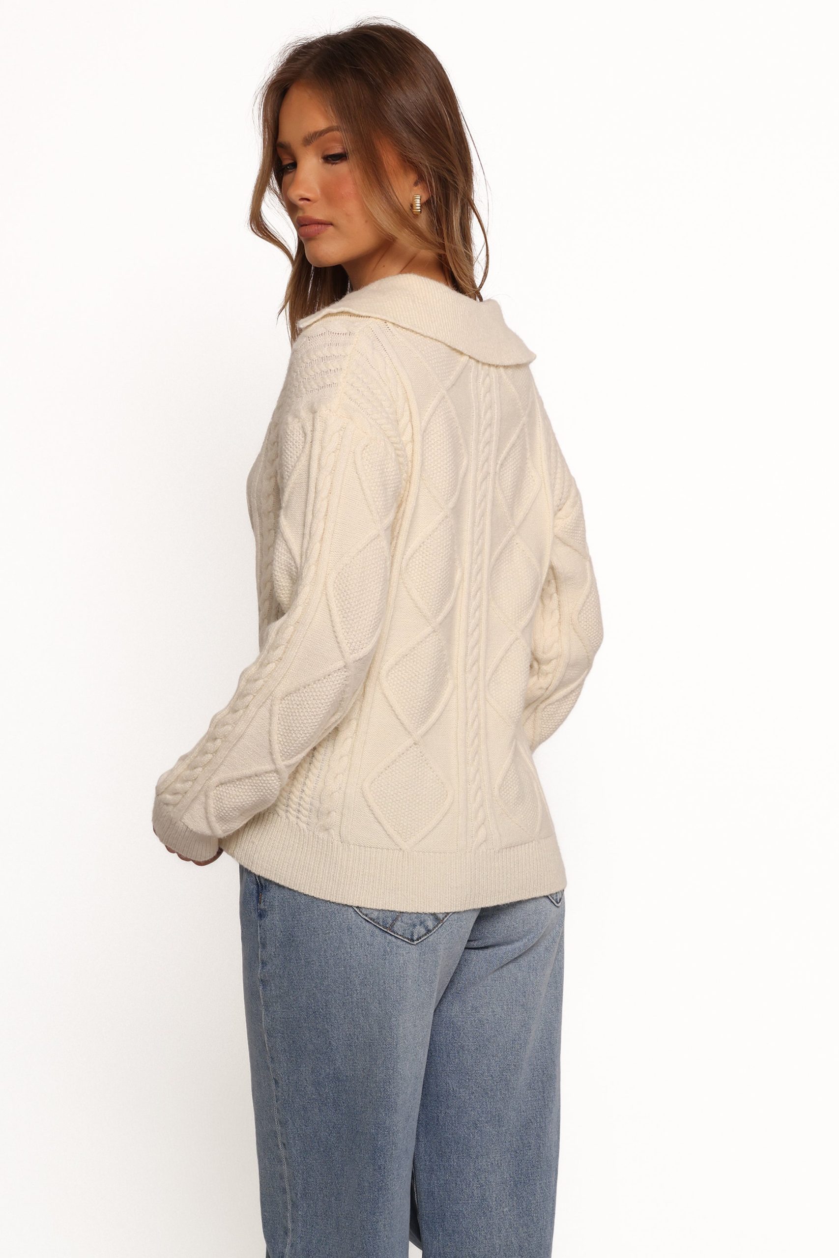 Robbie Collar Neck Cable Knit Sweater - Cream - Image 6