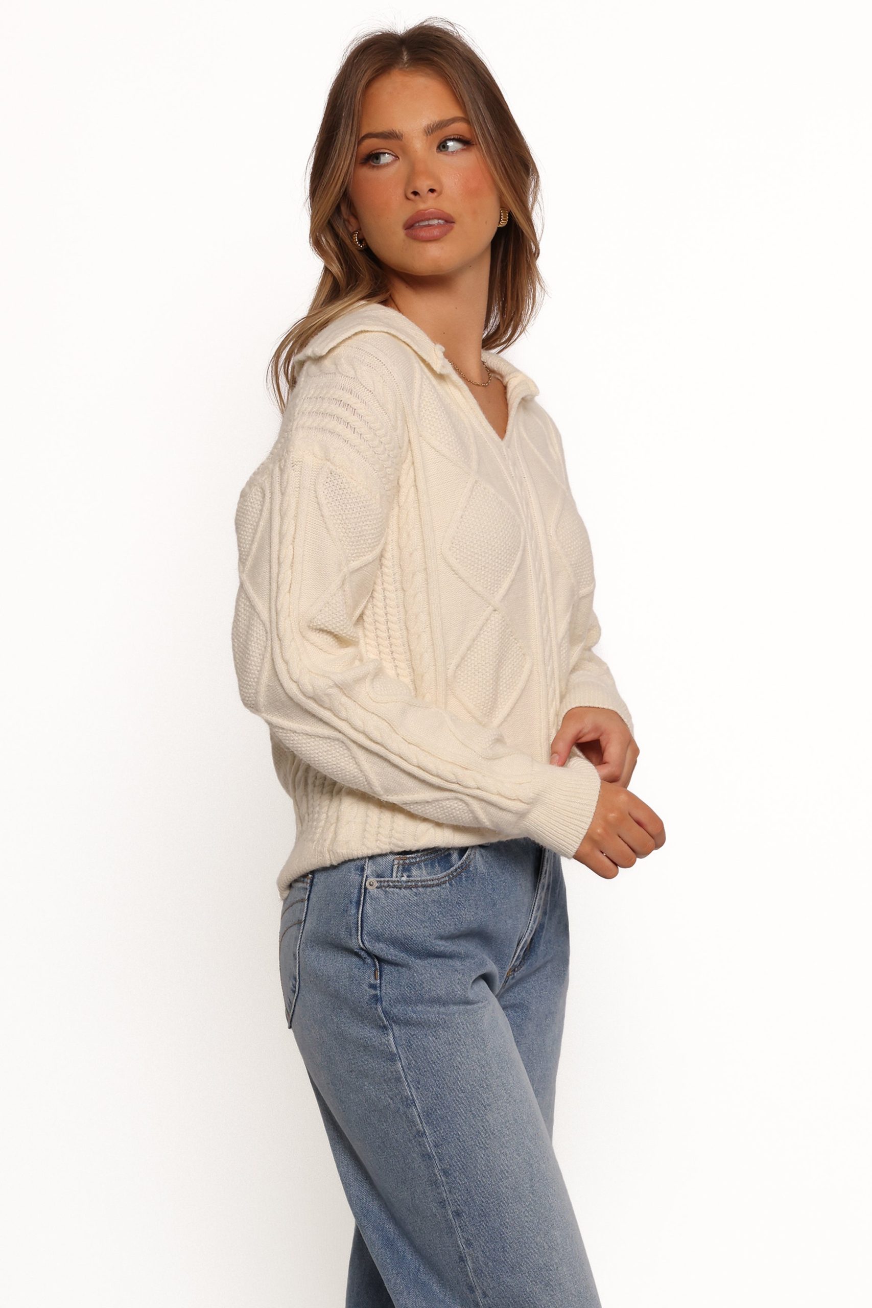 Robbie Collar Neck Cable Knit Sweater - Cream - Image 7