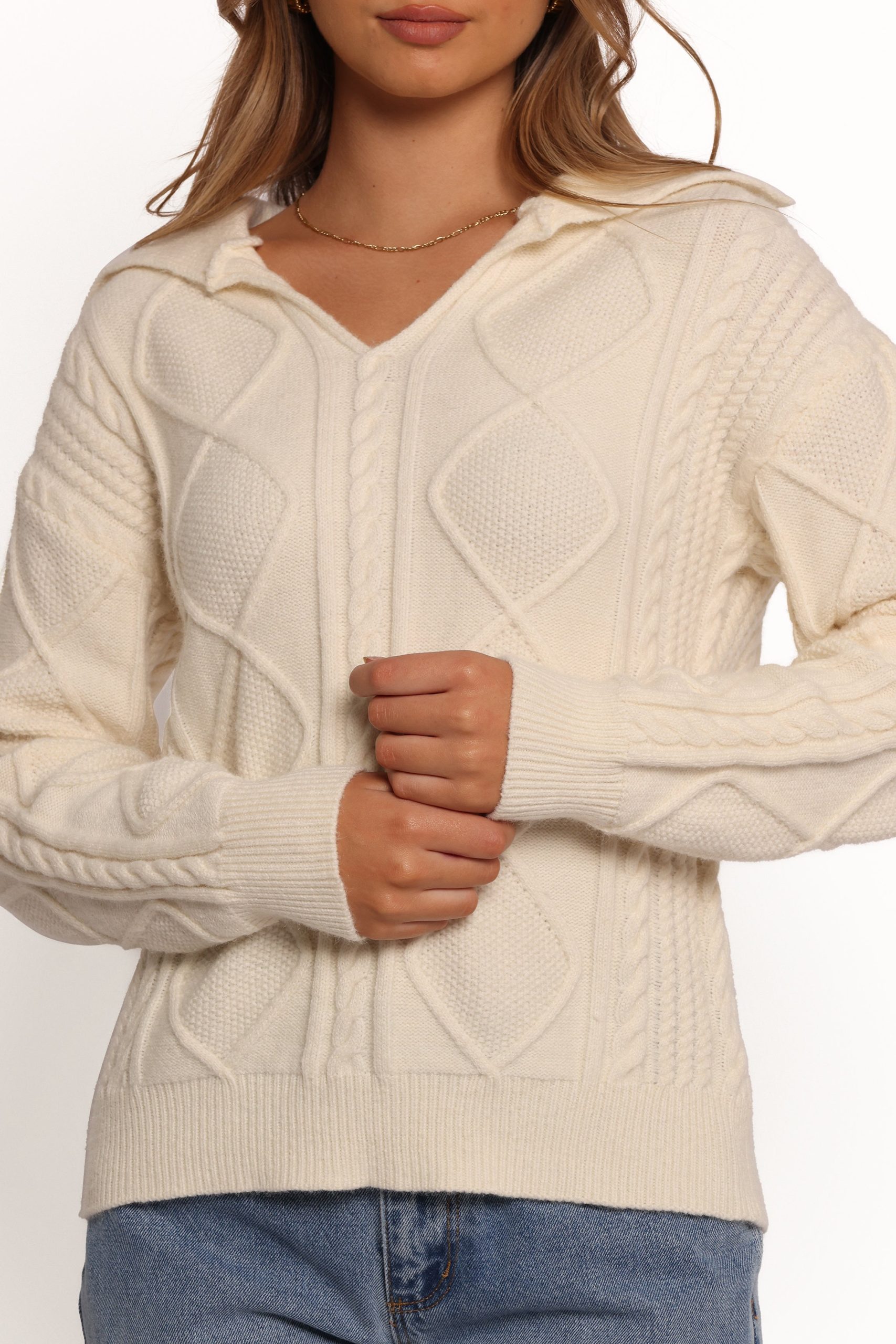 Robbie Collar Neck Cable Knit Sweater - Cream - Image 8