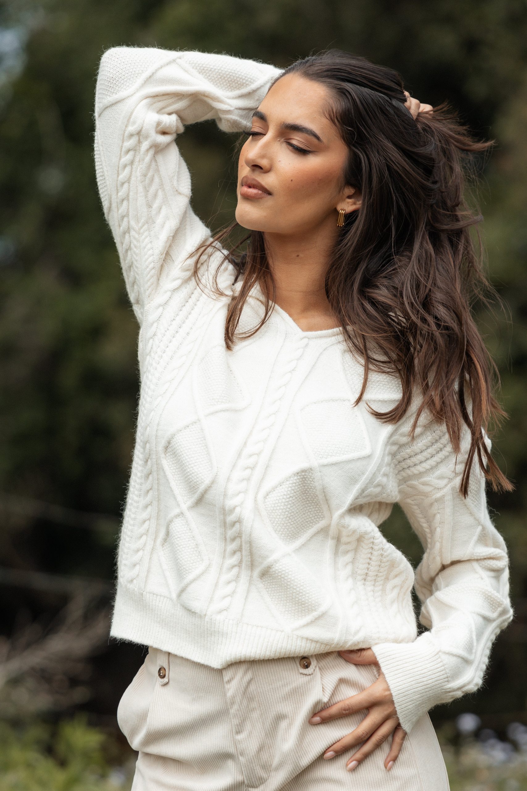 Robbie Collar Neck Cable Knit Sweater - Cream - Image 2