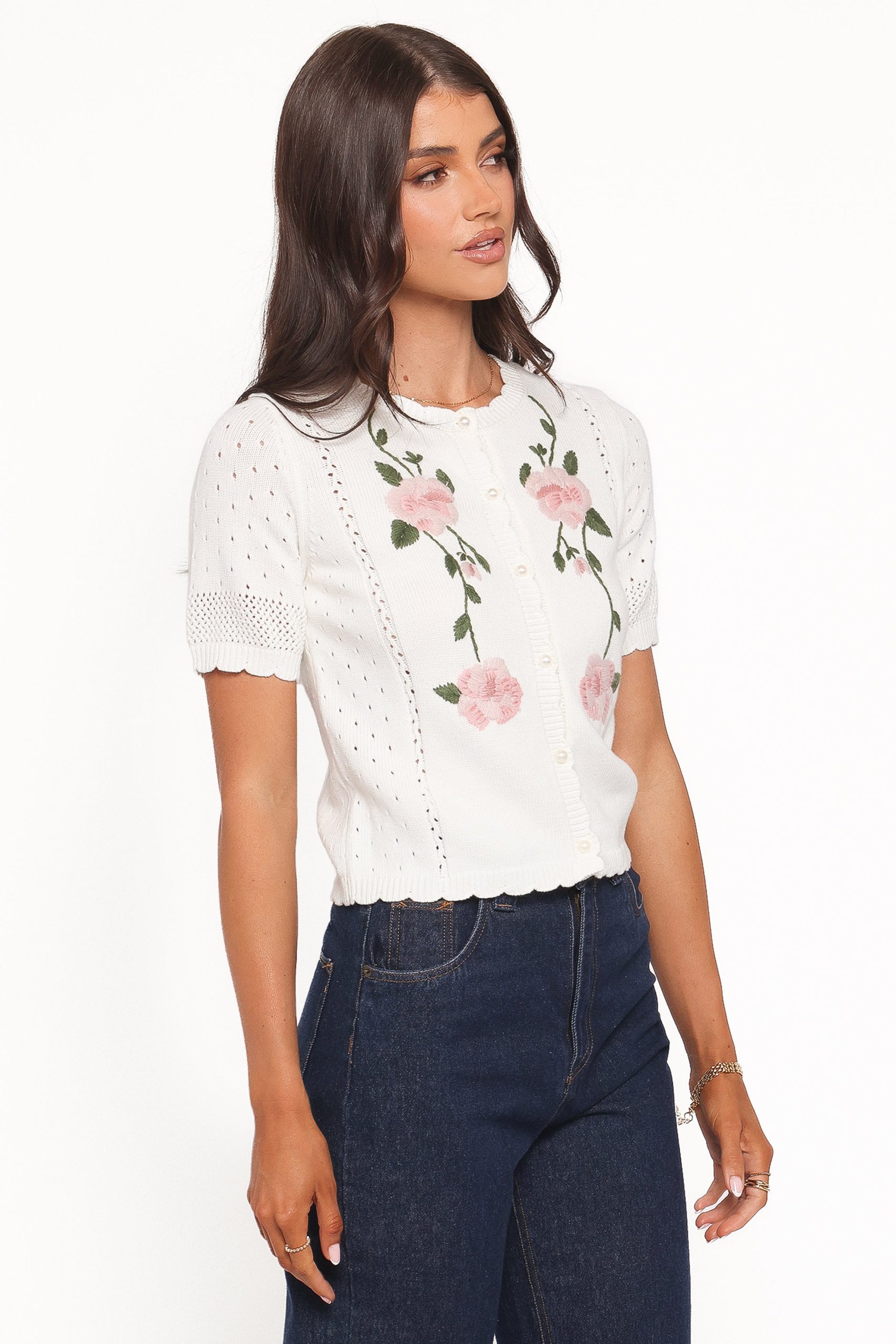 Rossi Floral Button Up Cardigan - White/Pink - Image 3