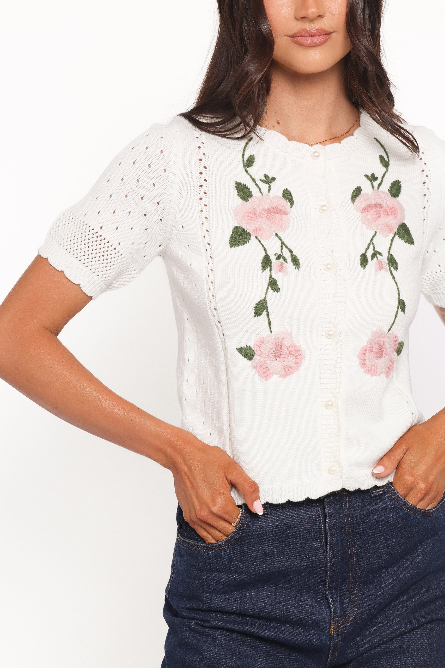 Rossi Floral Button Up Cardigan - White/Pink - Image 2