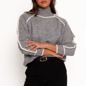 Rylee Contrast Hem Knit Sweater - Grey