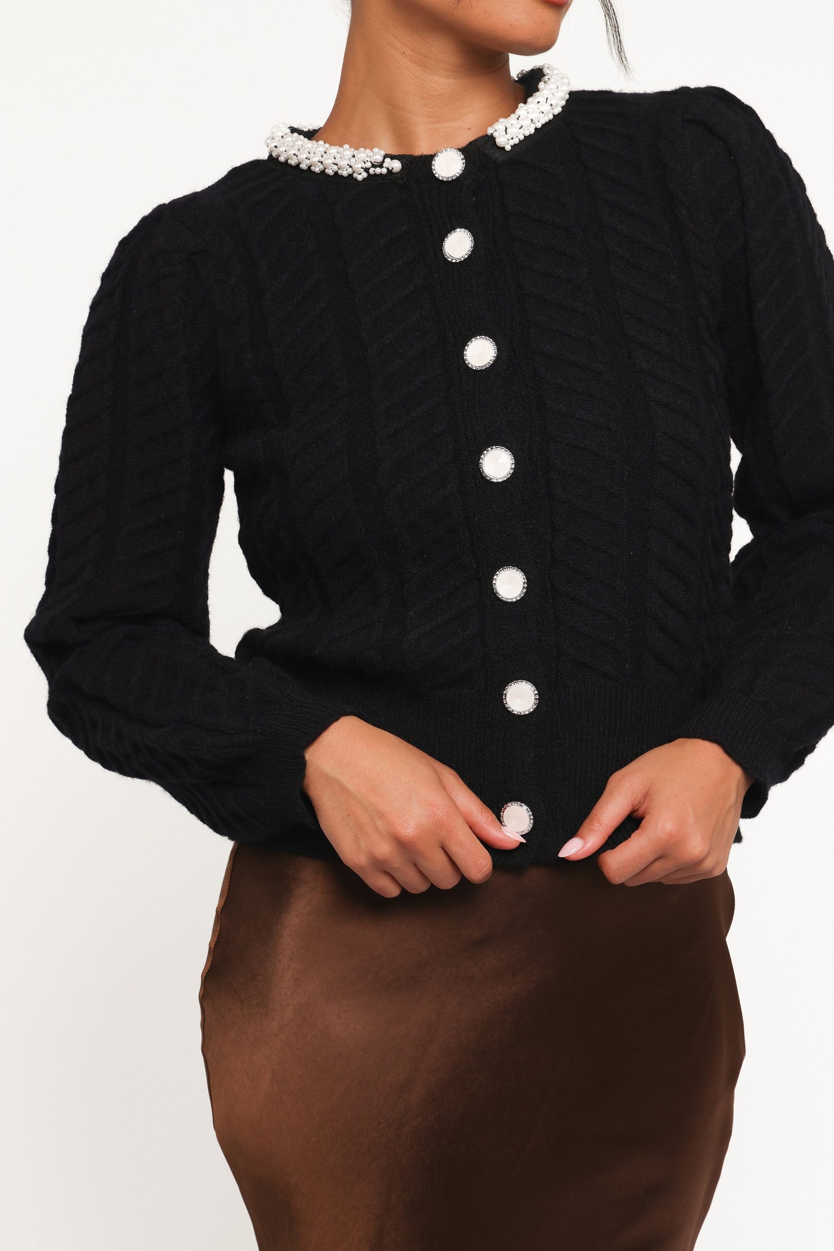 Sheena Rhinestone Collar Holiday Cardigan - Black - Image 3