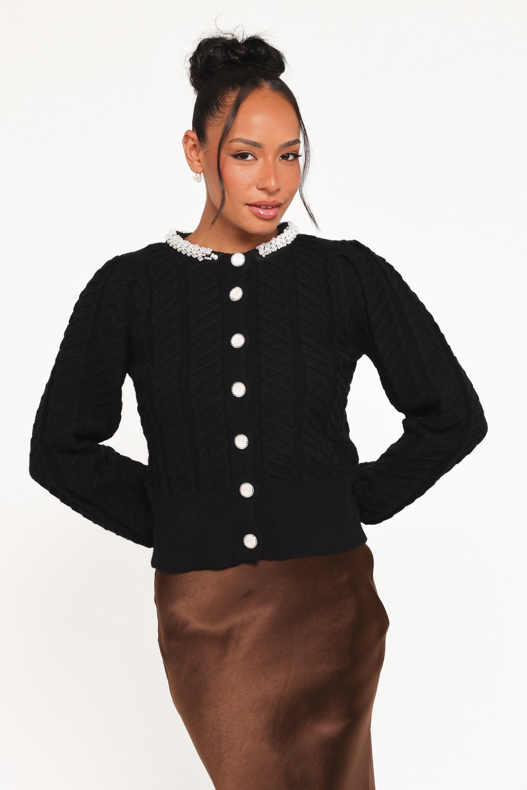 Sheena Rhinestone Collar Holiday Cardigan - Black - Image 2