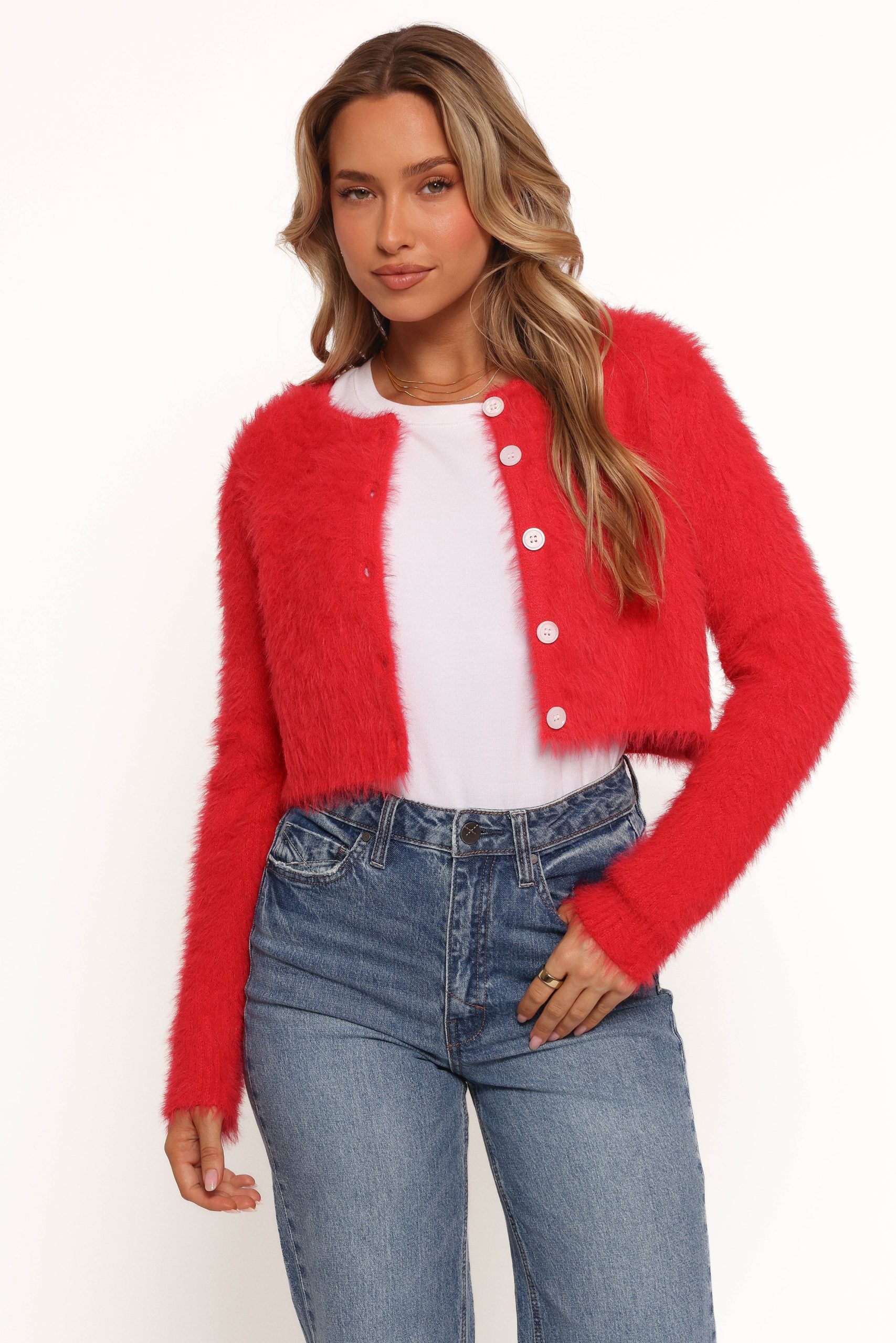 Tavan Crop Button Front Cardigan - Red - Image 3