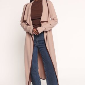 Vallis Contrast Trim Long Cardigan - Beige