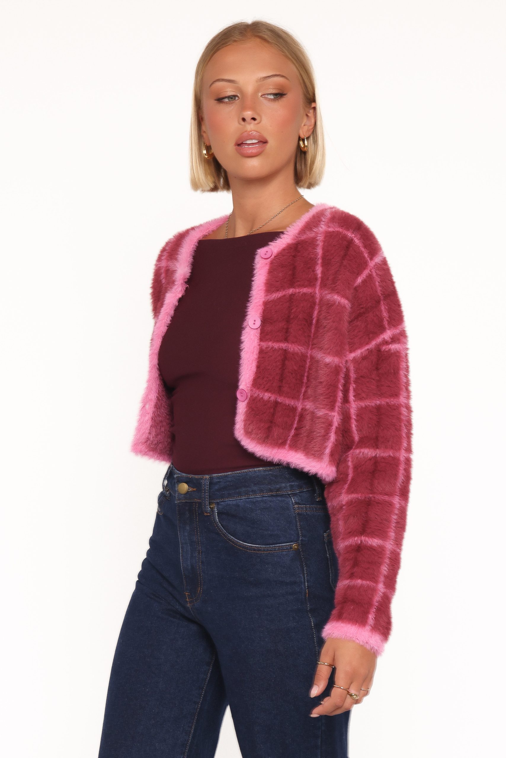 Viola Plaid Button Front Cardigan - Burgundy - Image 3