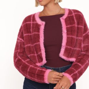 Viola Plaid Button Front Cardigan - Burgundy