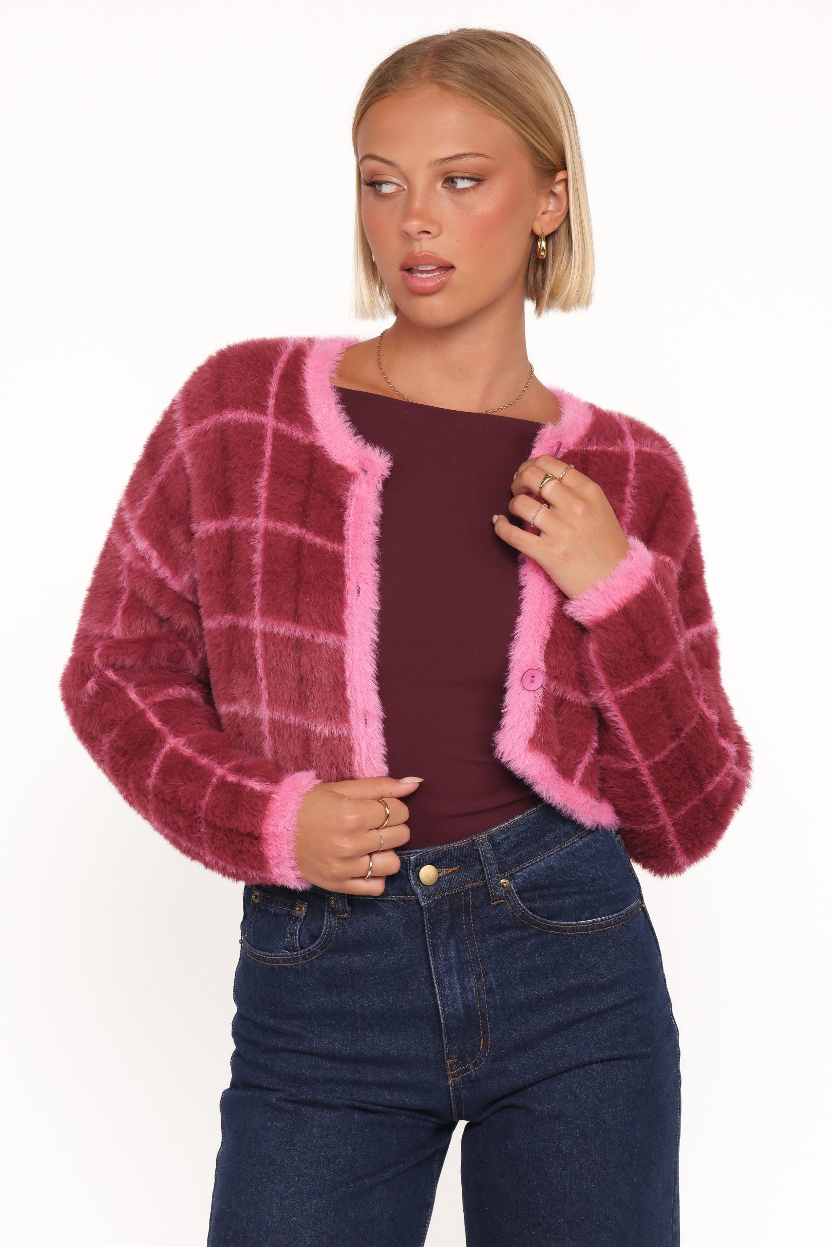 Viola Plaid Button Front Cardigan - Burgundy - Image 7