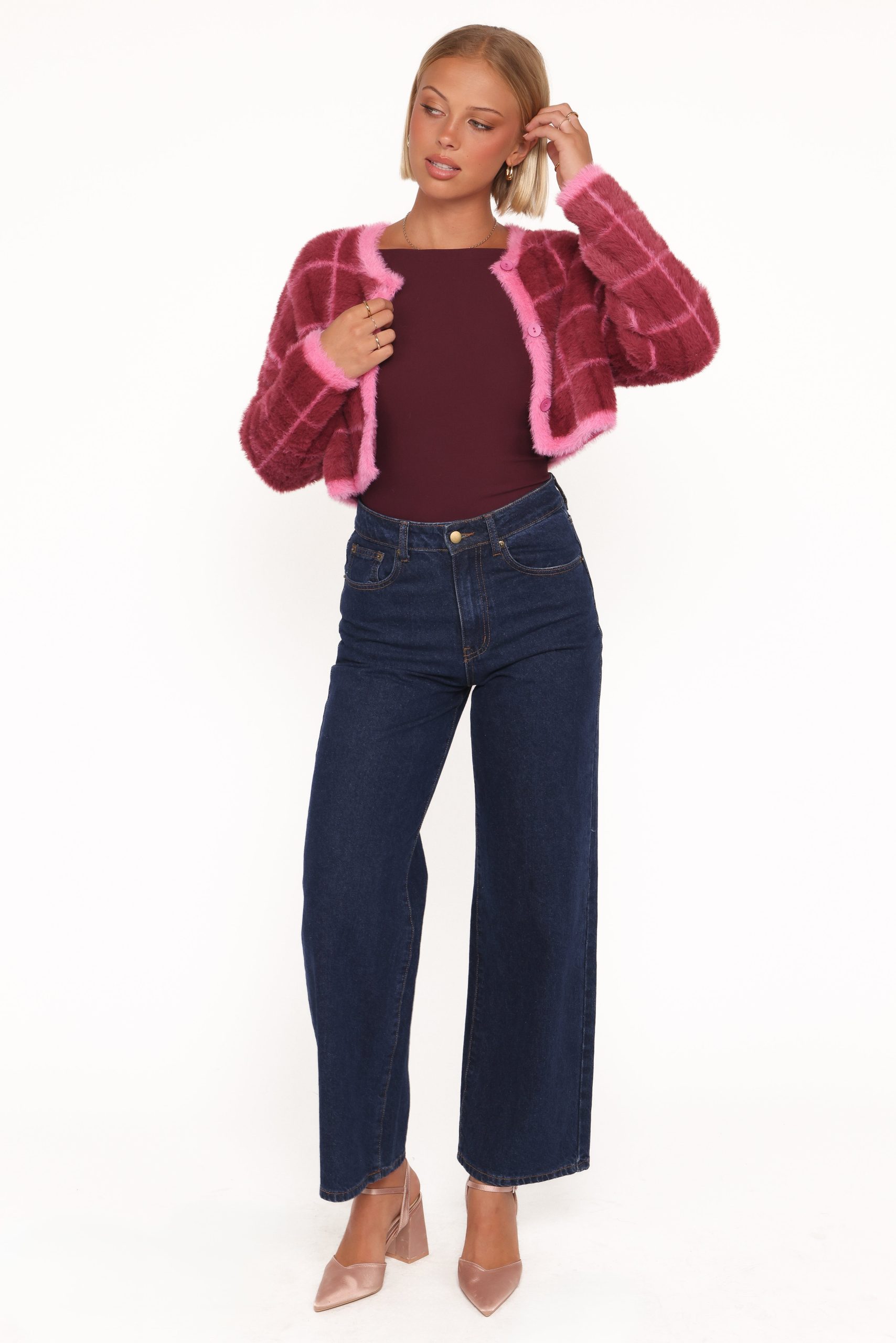 Viola Plaid Button Front Cardigan - Burgundy - Image 5
