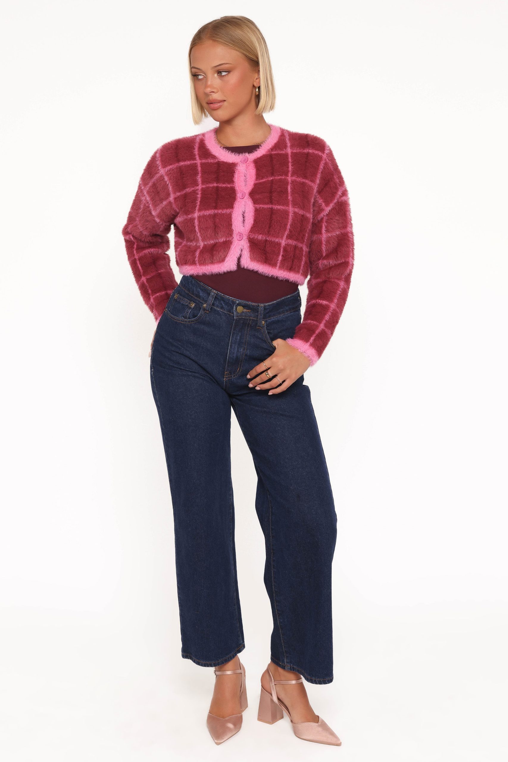Viola Plaid Button Front Cardigan - Burgundy - Image 6