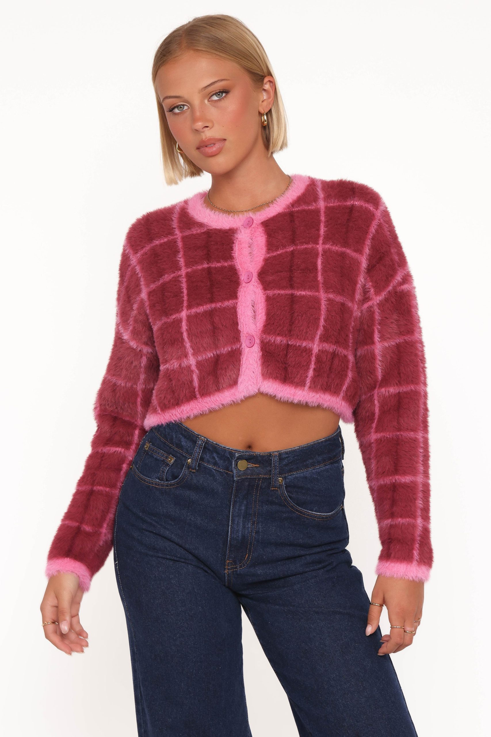 Viola Plaid Button Front Cardigan - Burgundy - Image 2